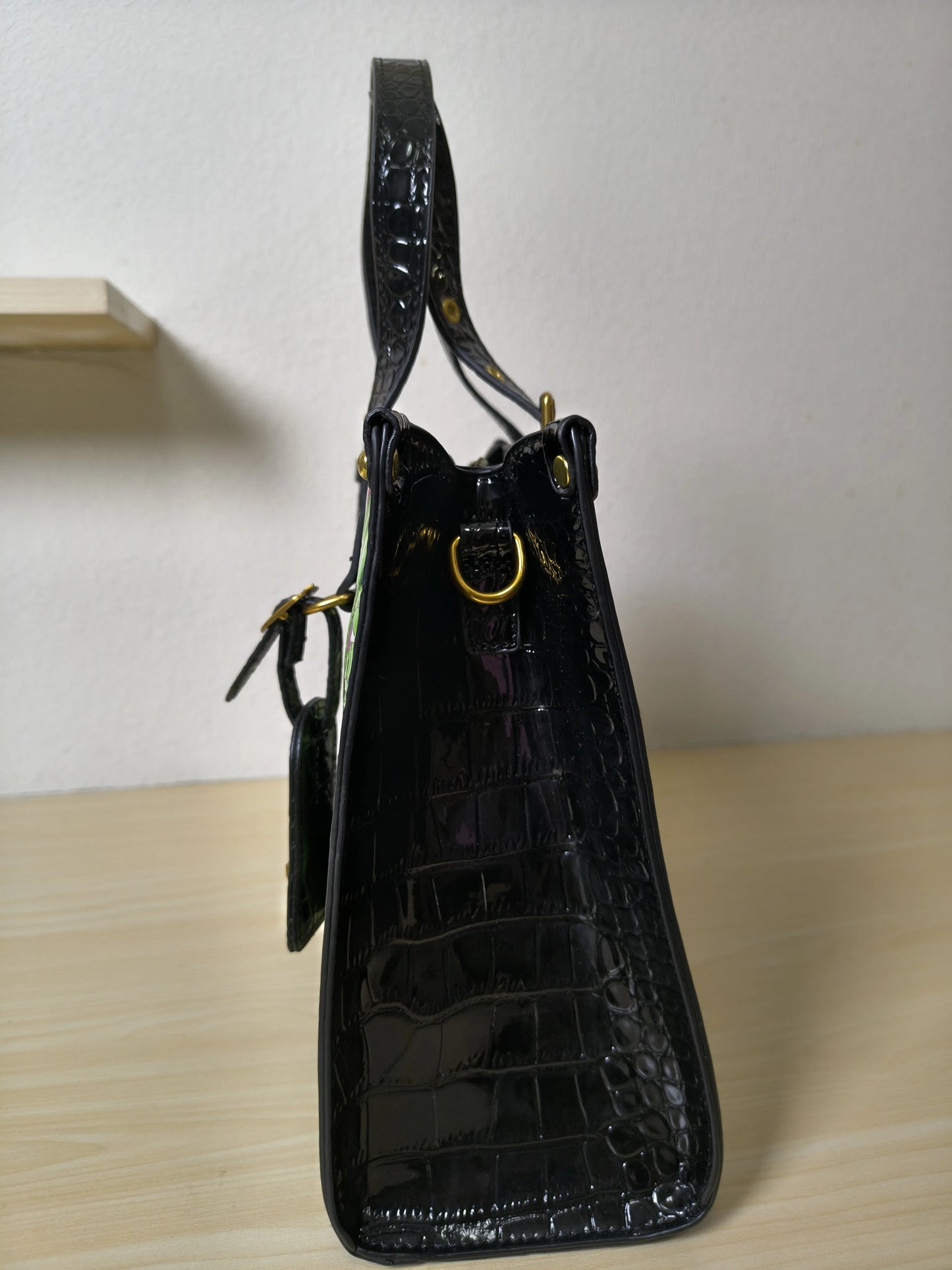 Black Crocodile Embossed Foam Print Pink-Purple Orchid Structured Bag (E88)