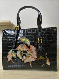 Black Crocodile Embossed Foam Print Red-Pink Maple Leaf Structured Bag (E89)