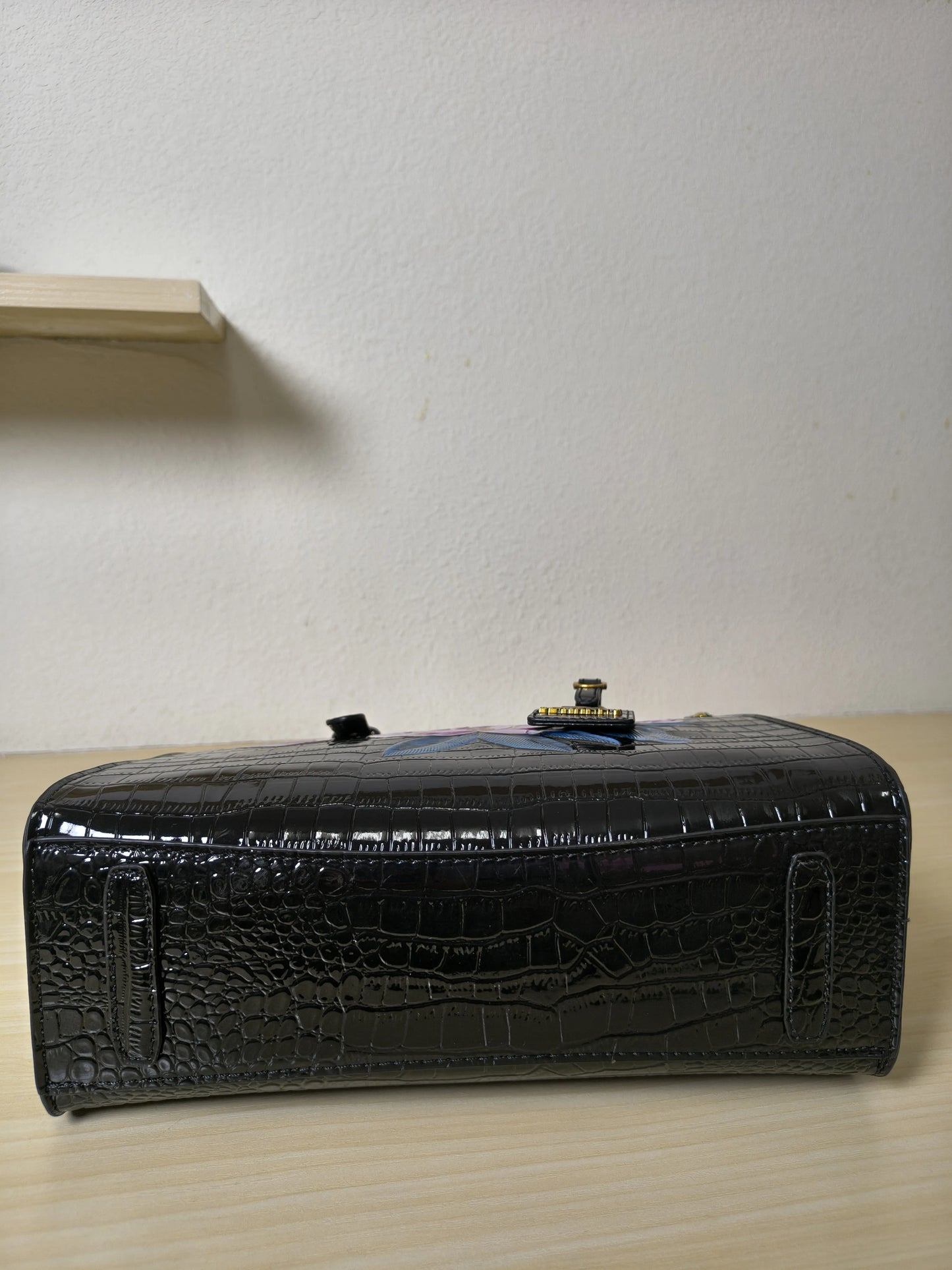 Black Crocodile Embossed Foam Print Pink Lotus Structured Bag (E90)