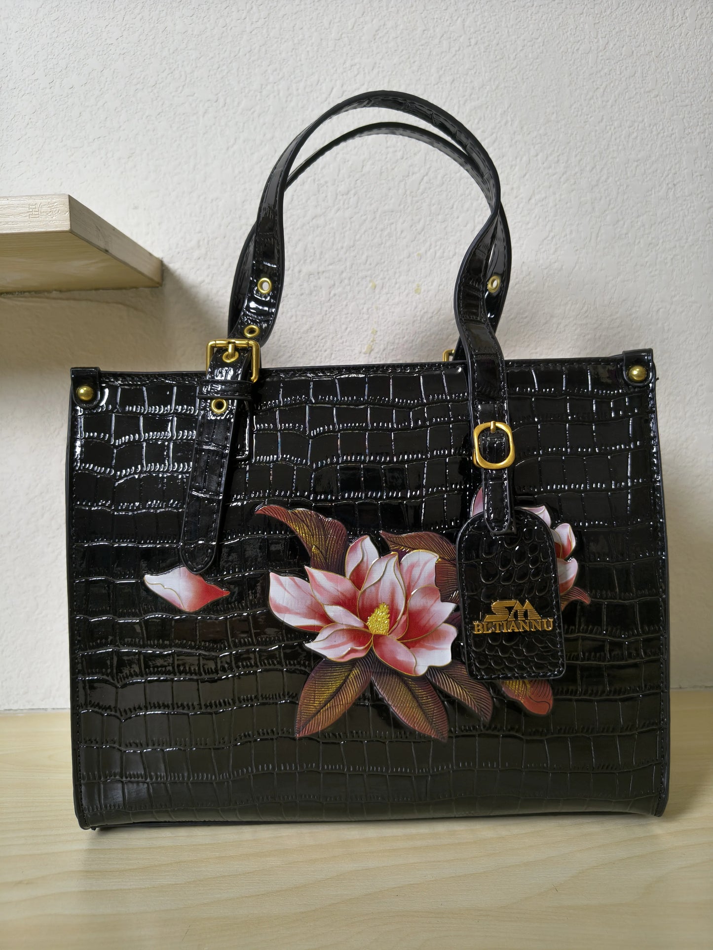 Black Crocodile Embossed Foam Print Red Lotus Structured Bag (E91)