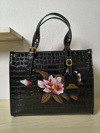 Black Crocodile Embossed Foam Print Red Lotus Structured Bag (E91)
