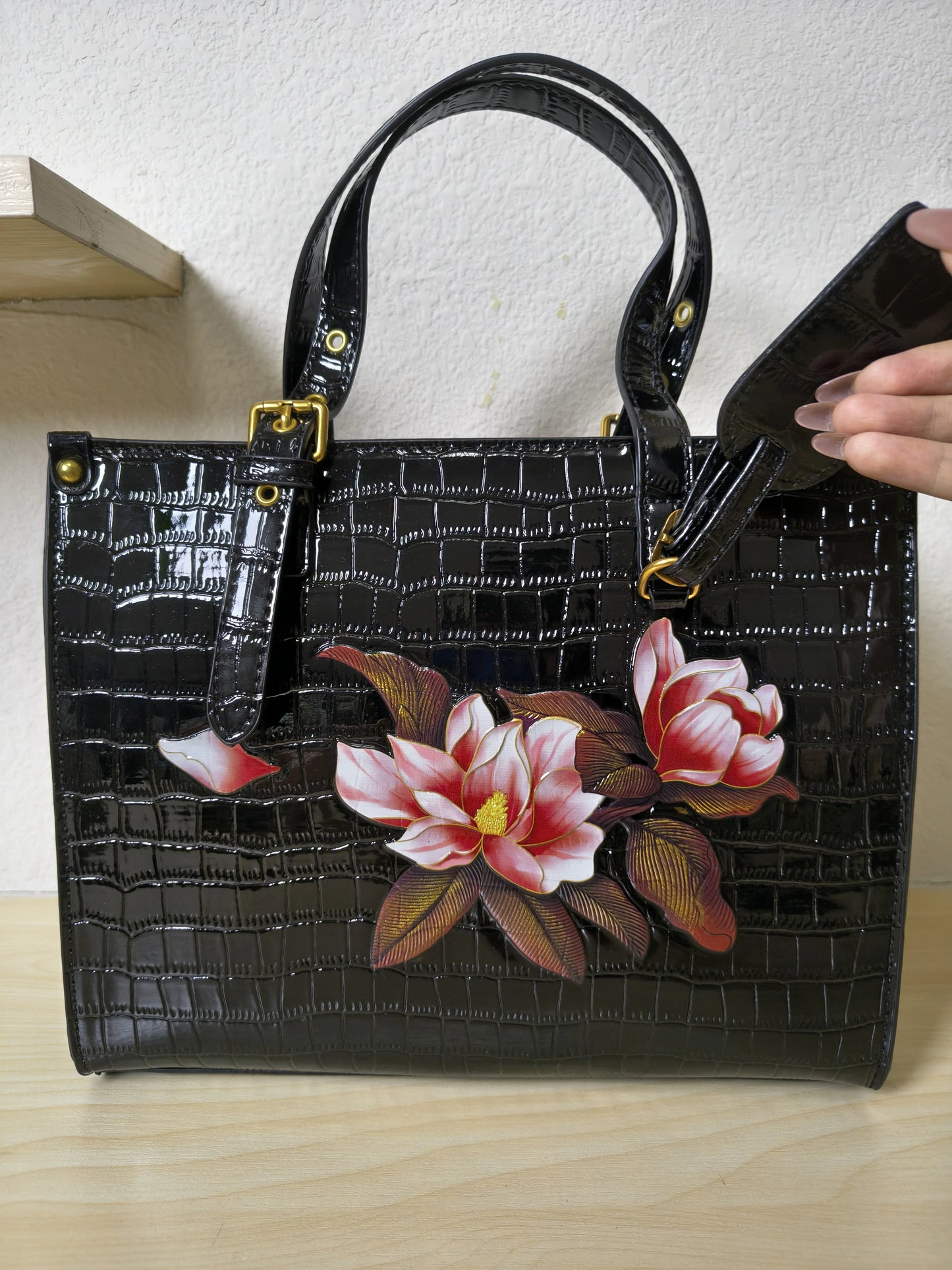 Black Crocodile Embossed Foam Print Red Lotus Structured Bag (E91)