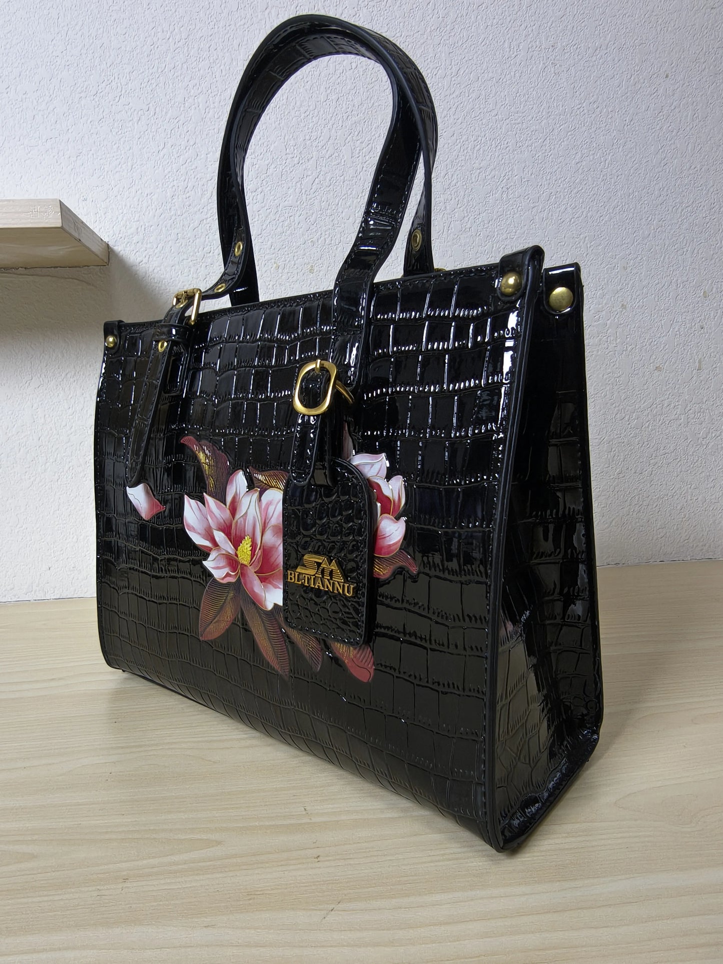 Black Crocodile Embossed Foam Print Red Lotus Structured Bag (E91)