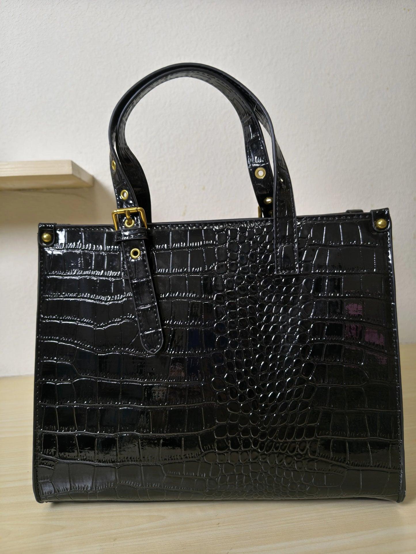 Black Crocodile Embossed Foam Print Red Lotus Structured Bag (E91)