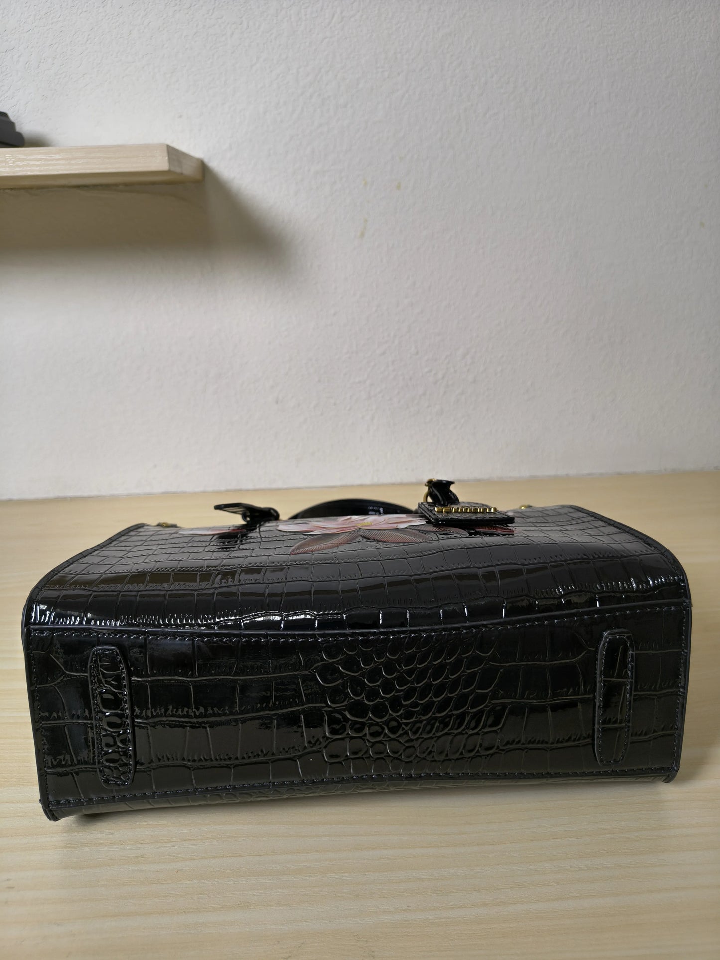 Black Crocodile Embossed Foam Print Red Lotus Structured Bag (E91)