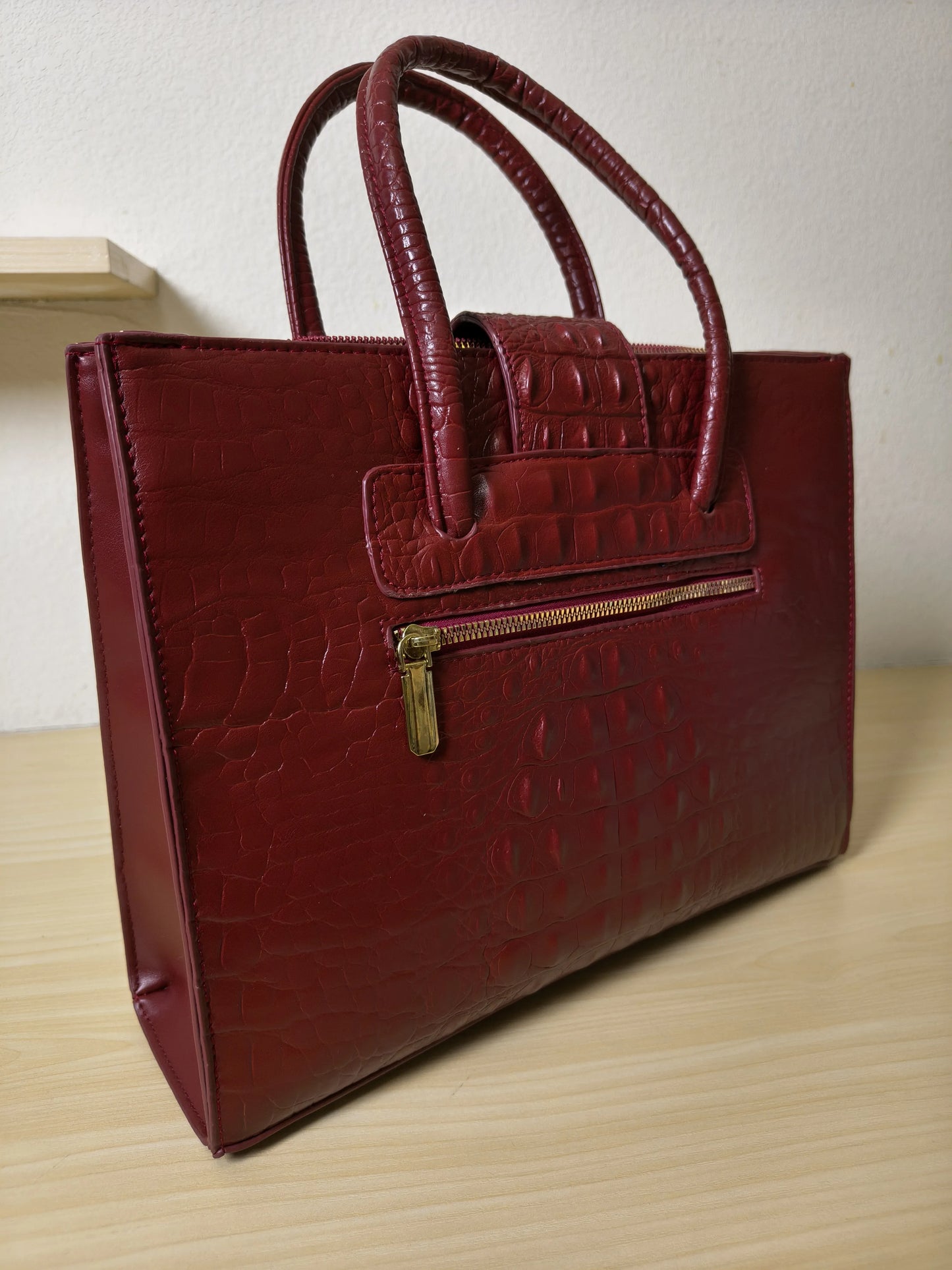 Burgundy Crocodile Embossed Laptop Tote Bag (E94)