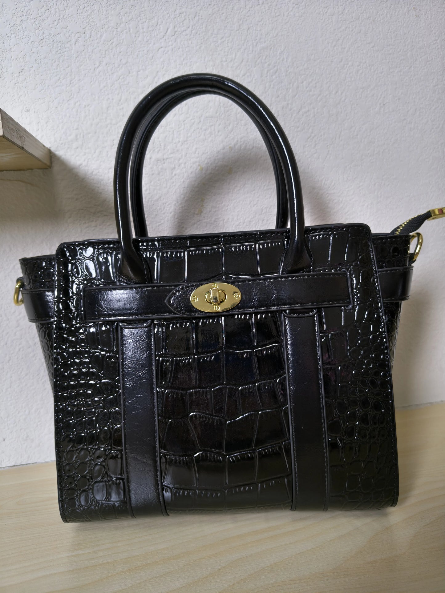 Black Crocodile Embossed Structured Tote Bag (E96)