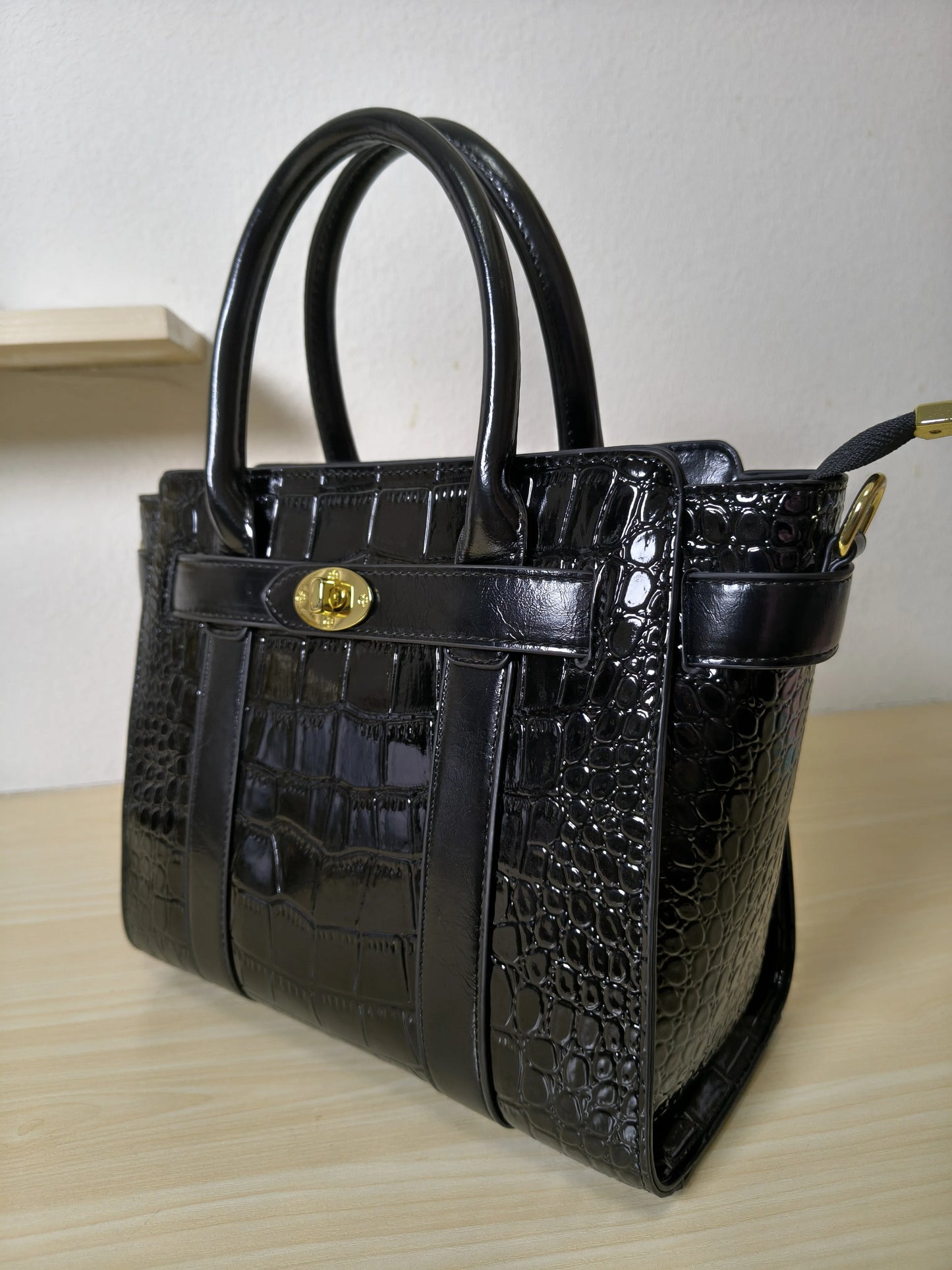 Black Crocodile Embossed Structured Tote Bag (E96)