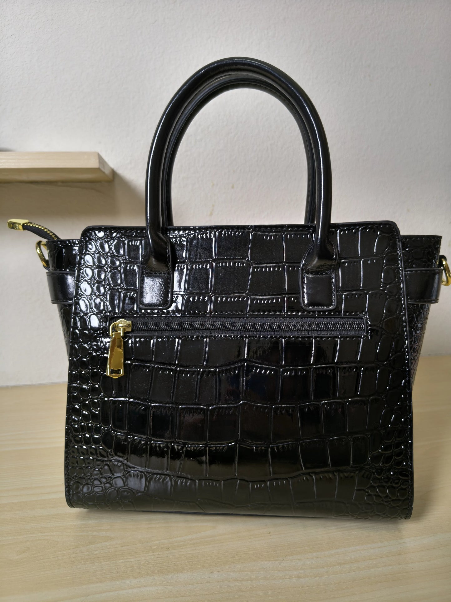 Black Crocodile Embossed Structured Tote Bag (E96)