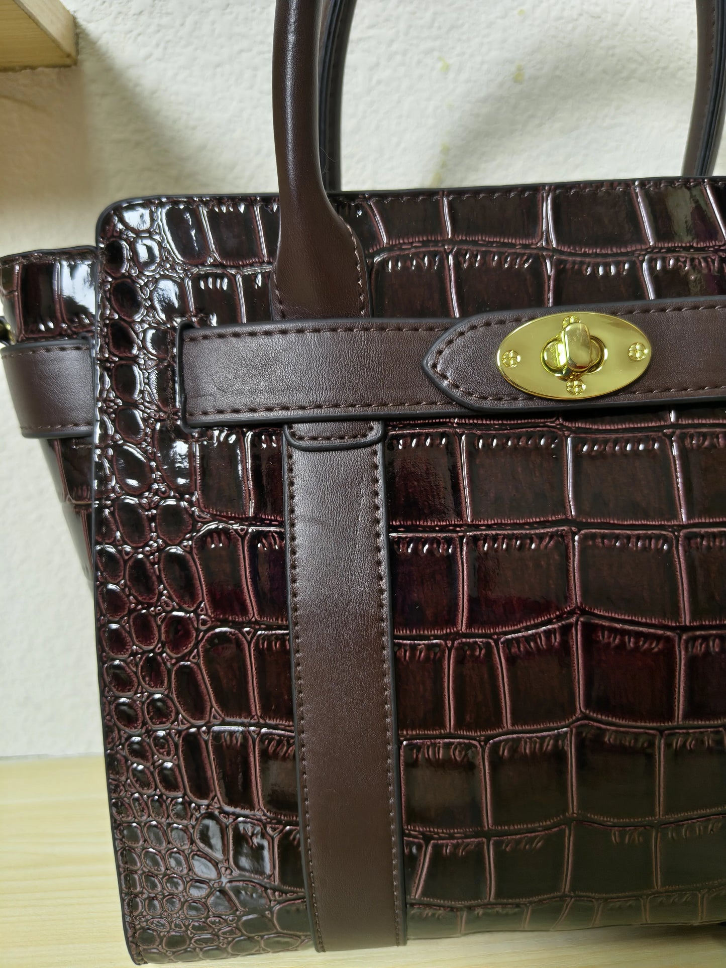 Dark Brown Crocodile Embossed Structured Tote Bag (E97)