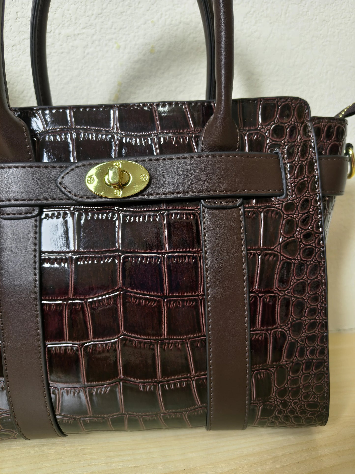 Dark Brown Crocodile Embossed Structured Tote Bag (E97)
