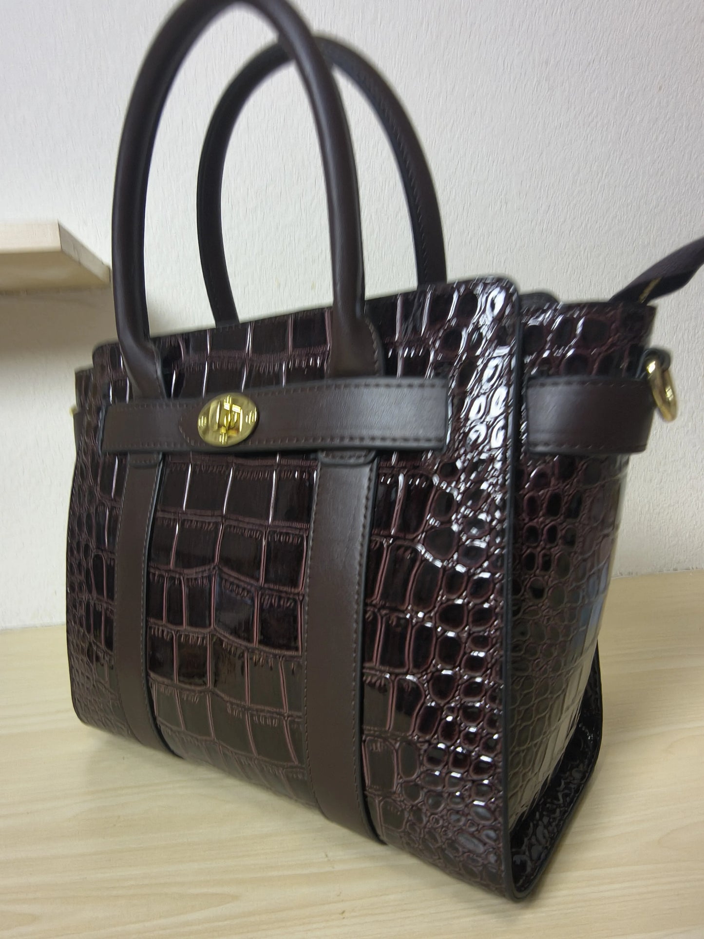 Dark Brown Crocodile Embossed Structured Tote Bag (E97)