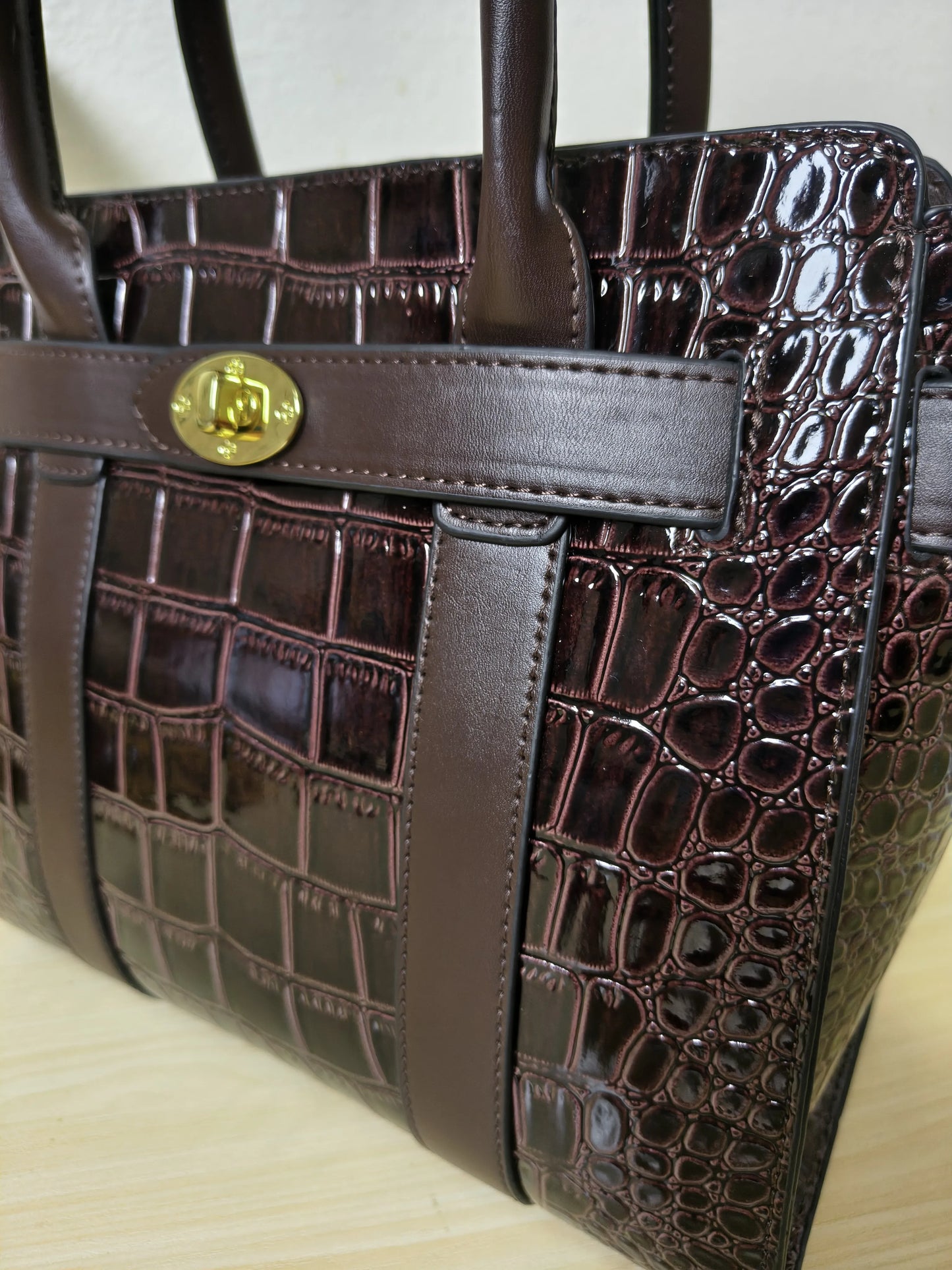 Dark Brown Crocodile Embossed Structured Tote Bag (E97)