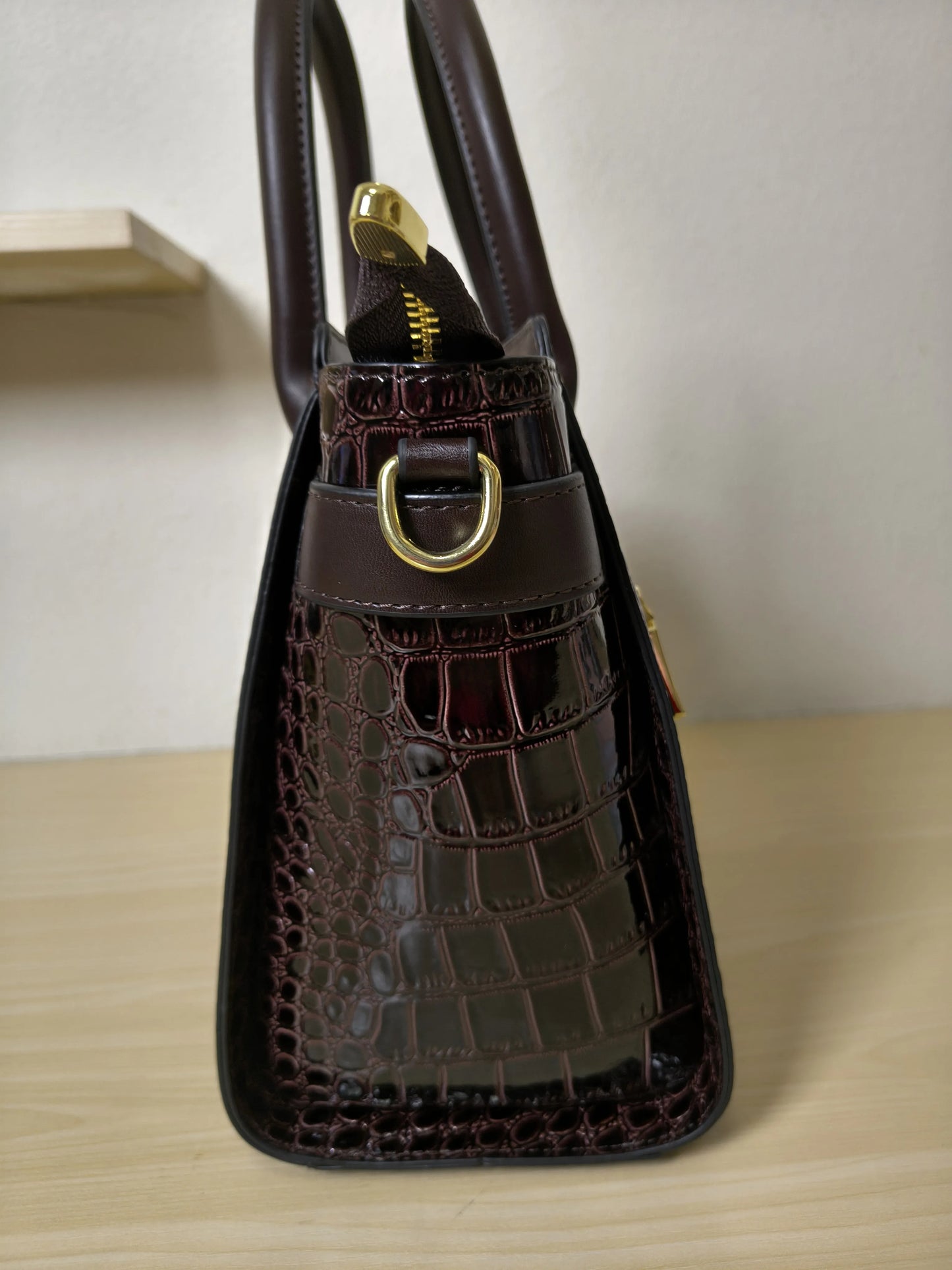 Dark Brown Crocodile Embossed Structured Tote Bag (E97)