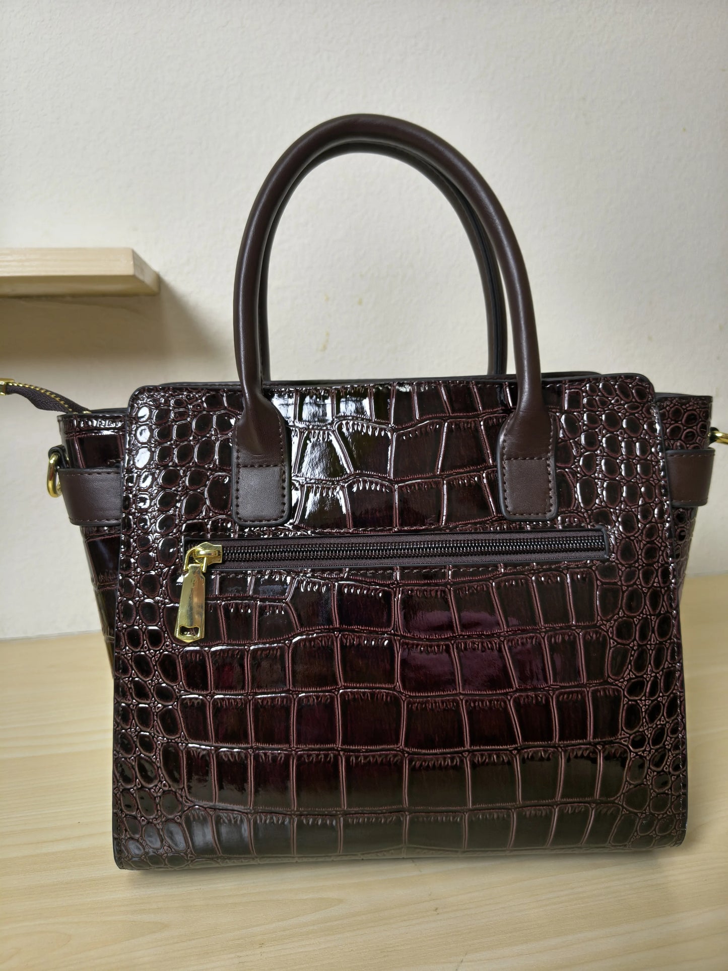 Dark Brown Crocodile Embossed Structured Tote Bag (E97)