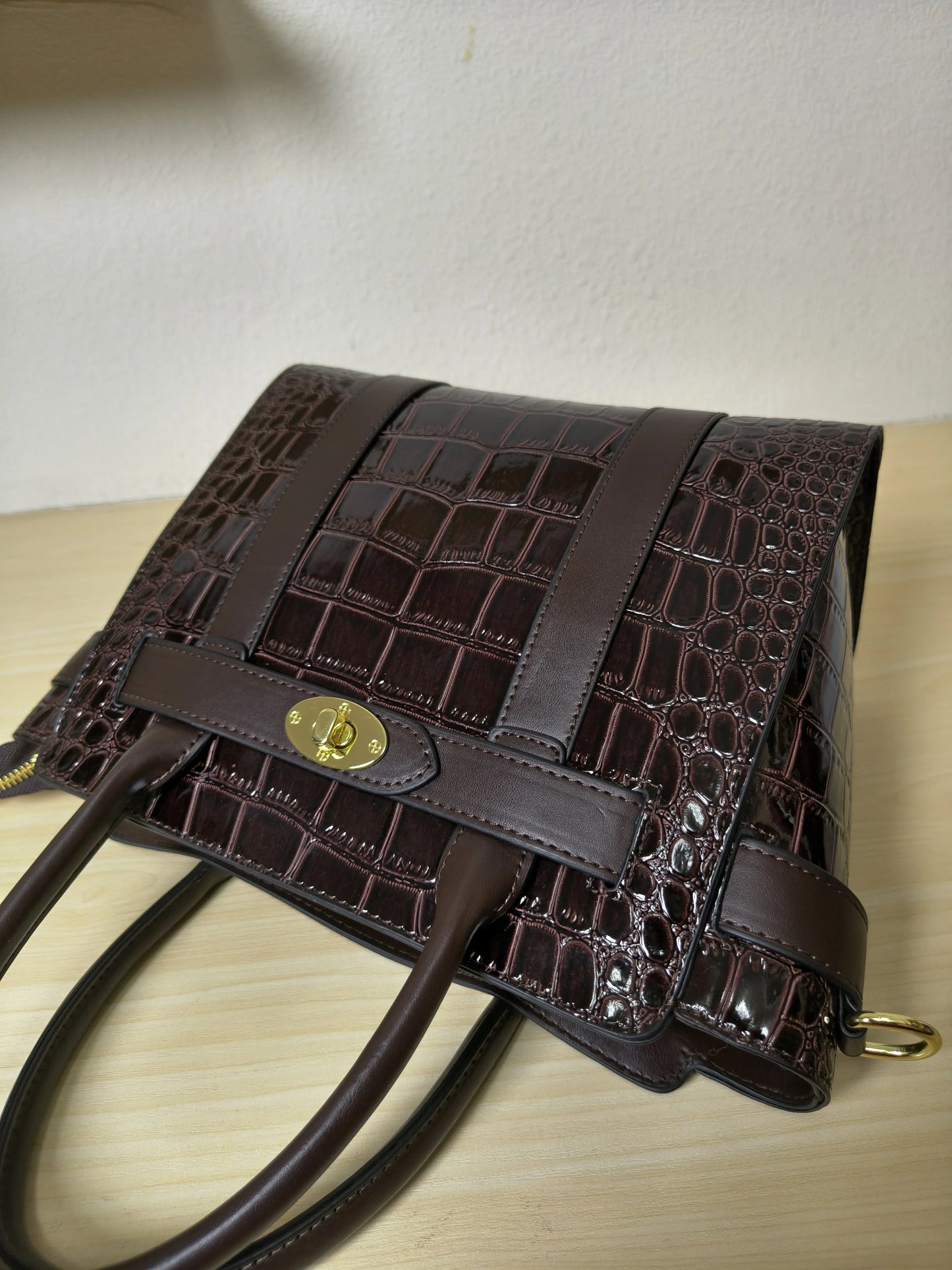 Dark Brown Crocodile Embossed Structured Tote Bag (E97)