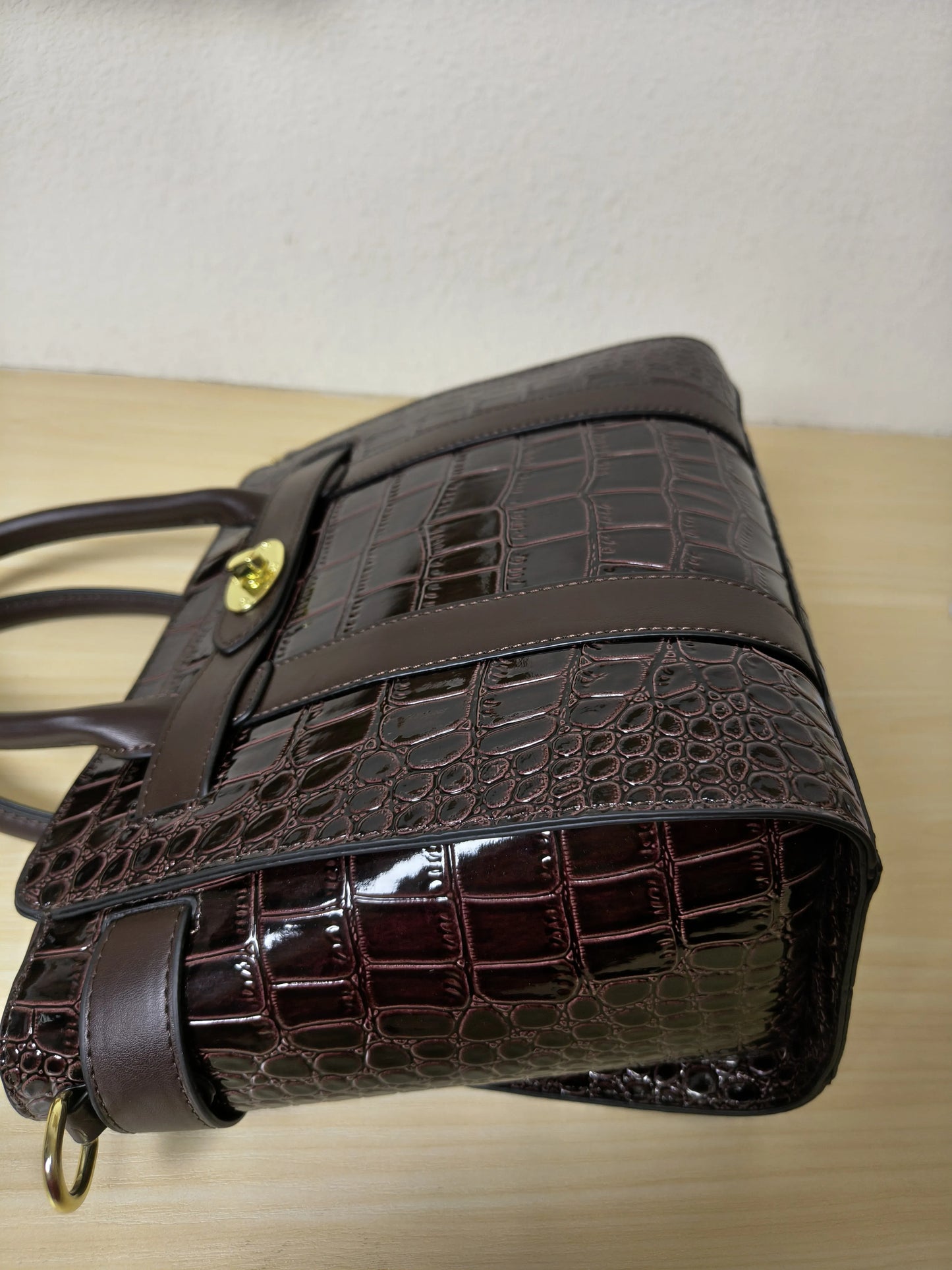 Dark Brown Crocodile Embossed Structured Tote Bag (E97)