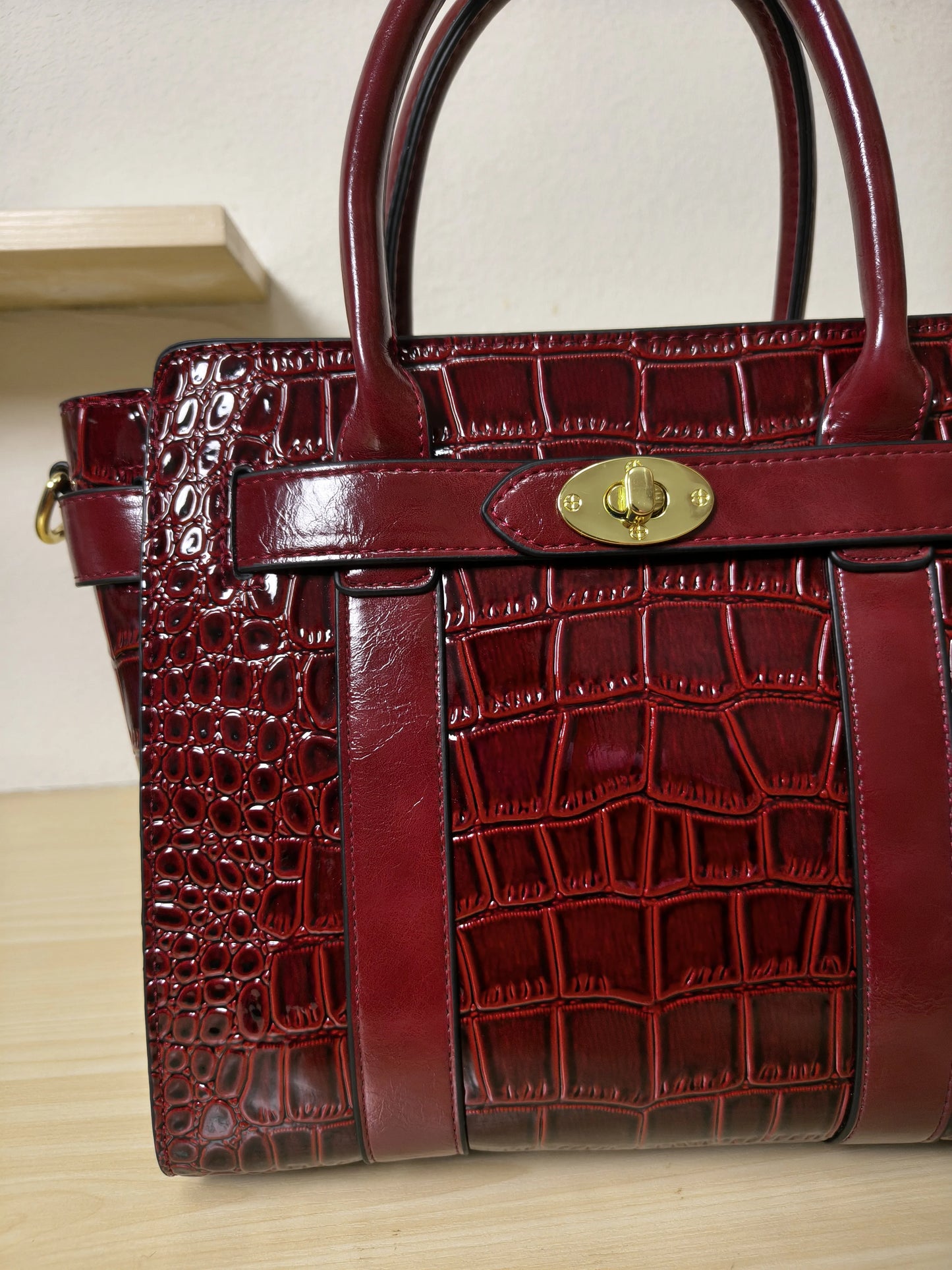 Burgundy Crocodile Embossed Structured Tote Bag (E98)