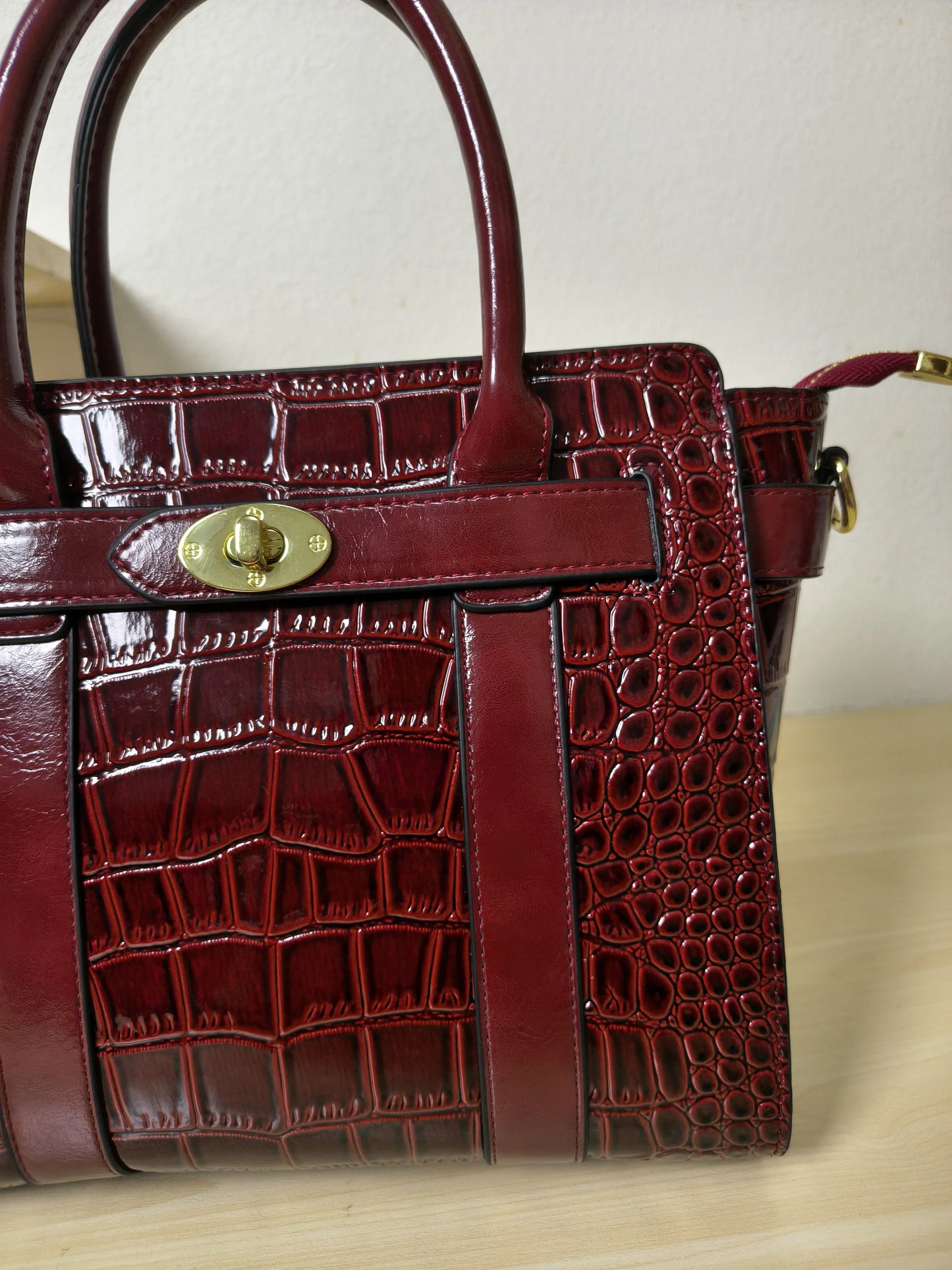 Burgundy Crocodile Embossed Structured Tote Bag (E98)