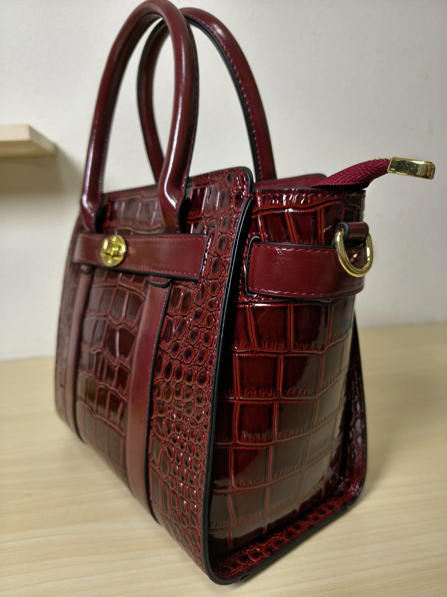 Burgundy Crocodile Embossed Structured Tote Bag (E98)