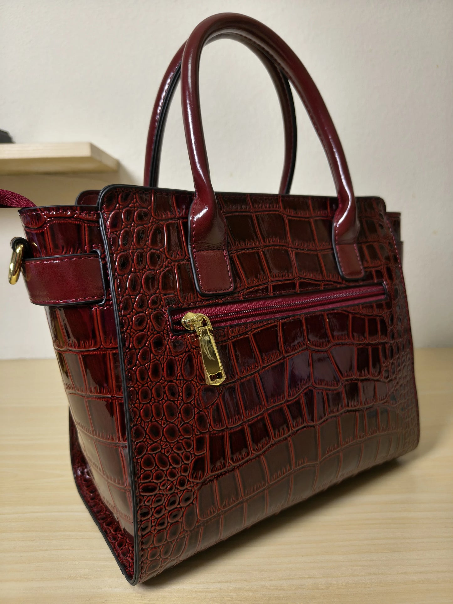 Burgundy Crocodile Embossed Structured Tote Bag (E98)