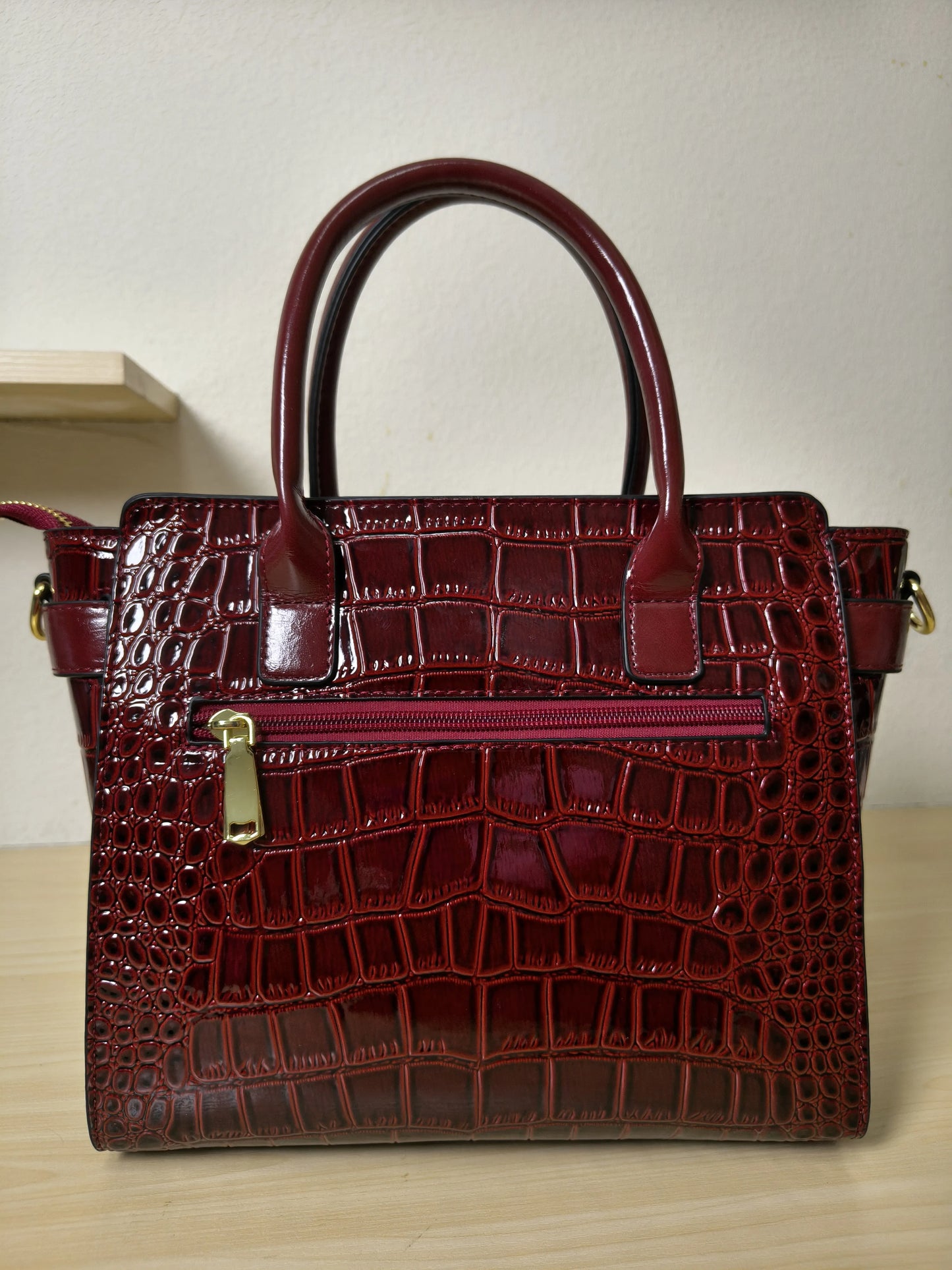 Burgundy Crocodile Embossed Structured Tote Bag (E98)