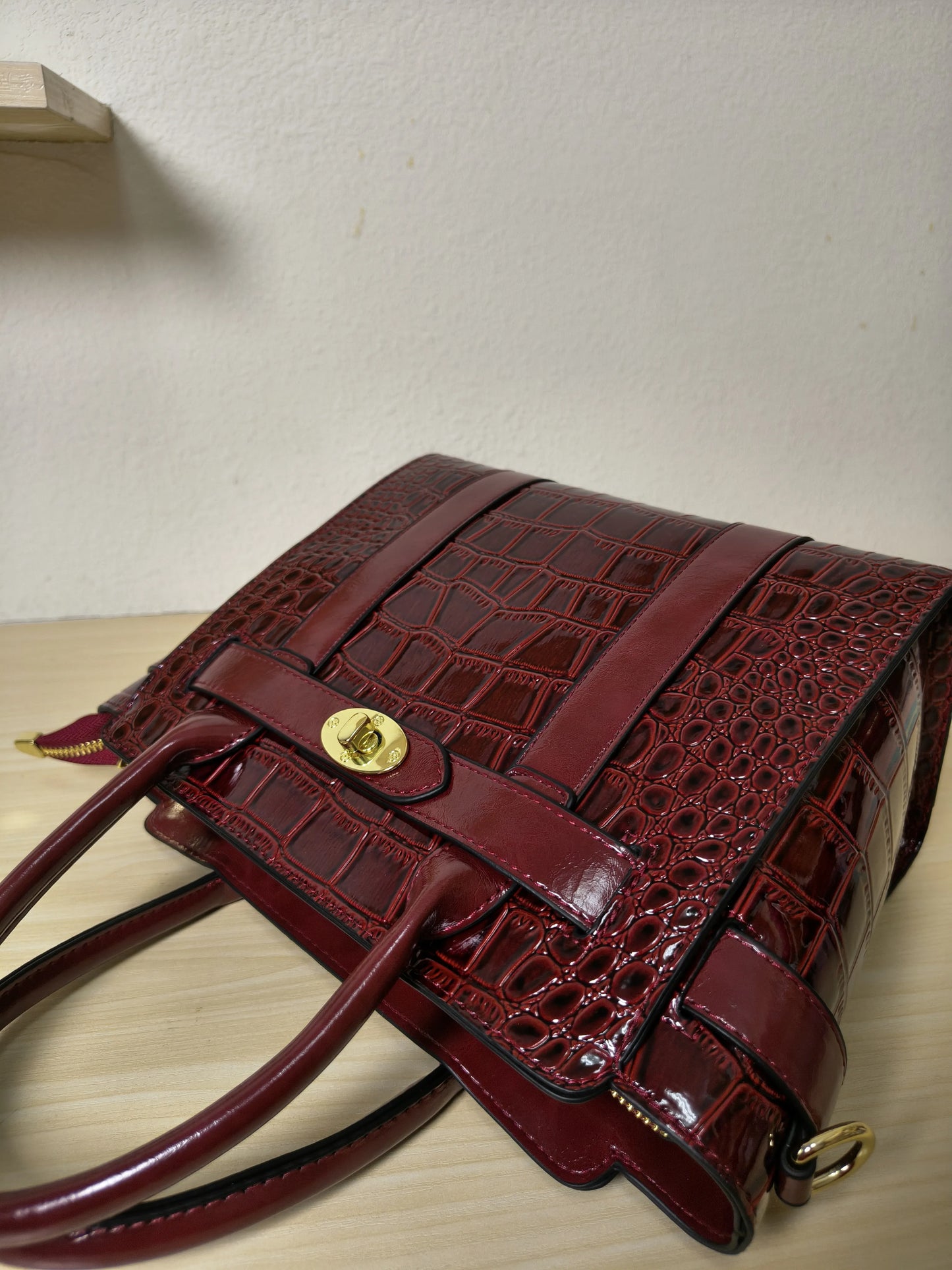 Burgundy Crocodile Embossed Structured Tote Bag (E98)