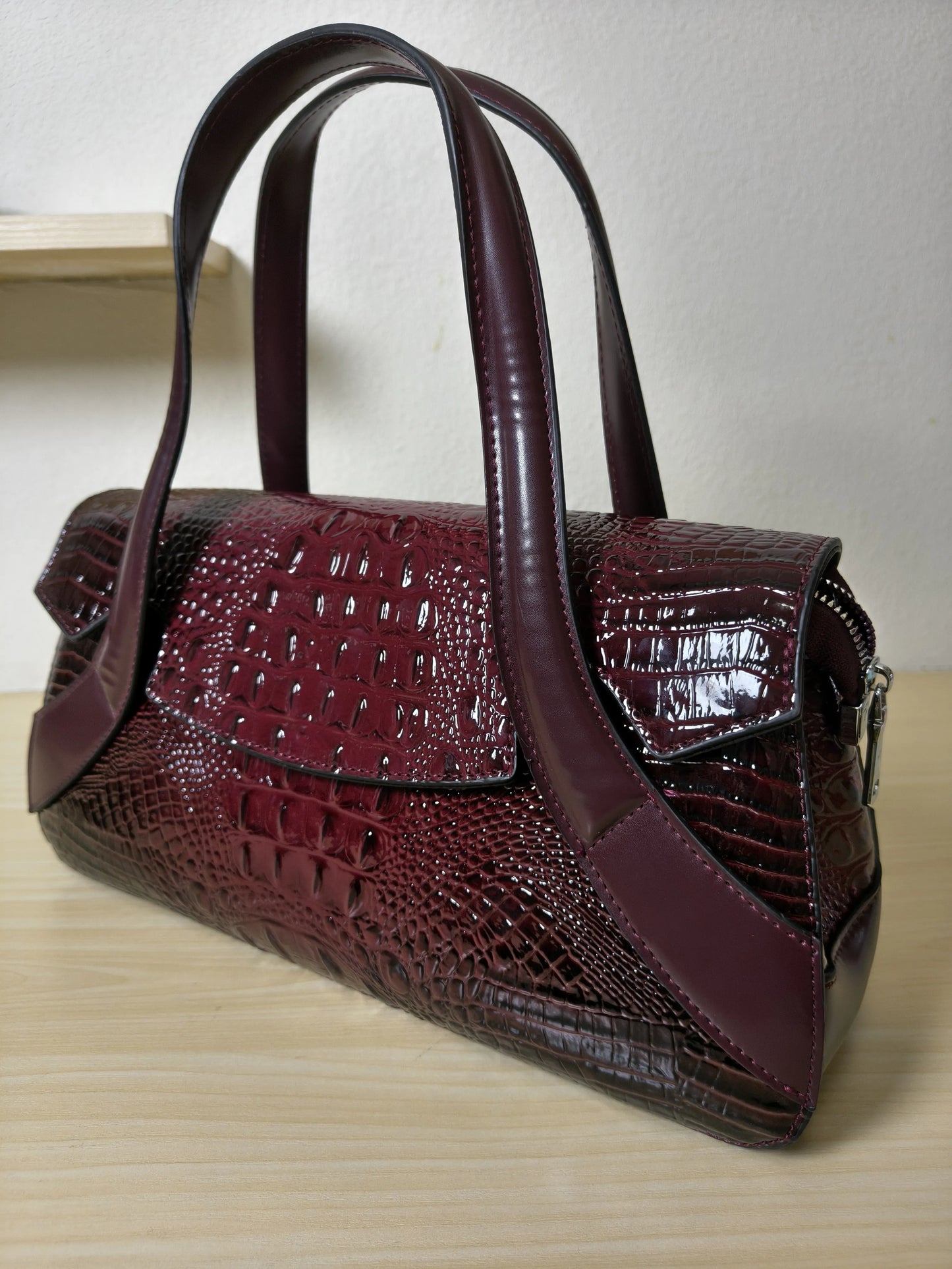 Burgundy Crocodile Embossed Long Structured Bag (E99)