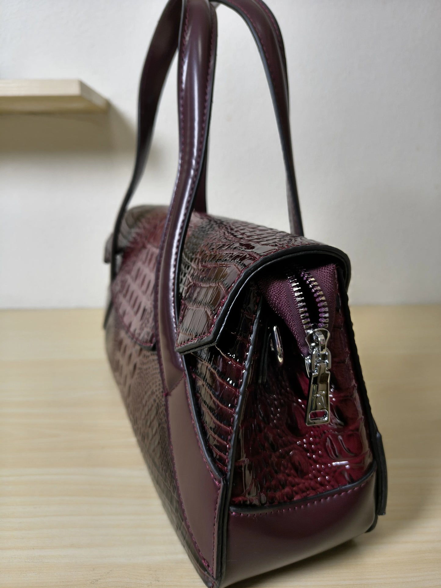 Burgundy Crocodile Embossed Long Structured Bag (E99)