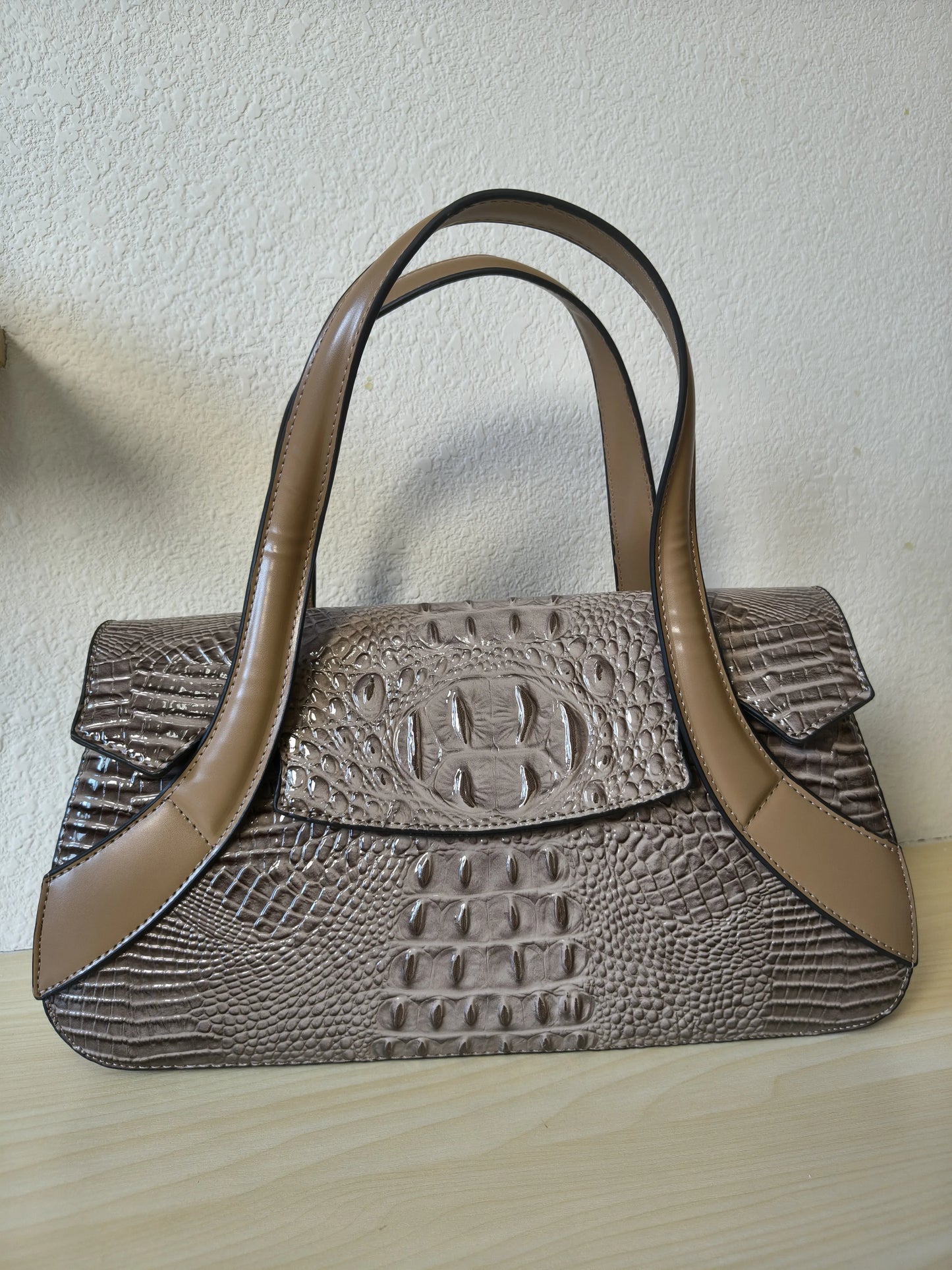Khaki Crocodile Embossed Long Structured Bag (E102)
