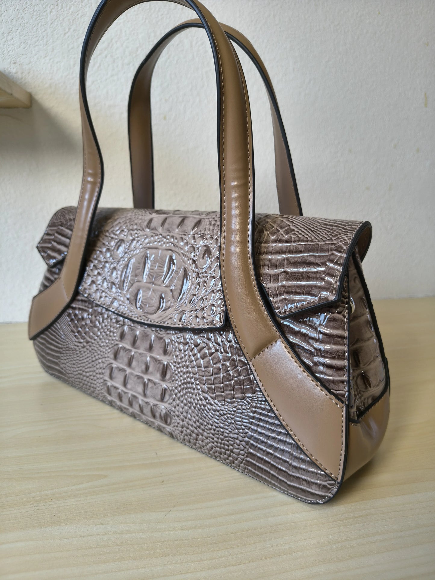Khaki Crocodile Embossed Long Structured Bag (E102)