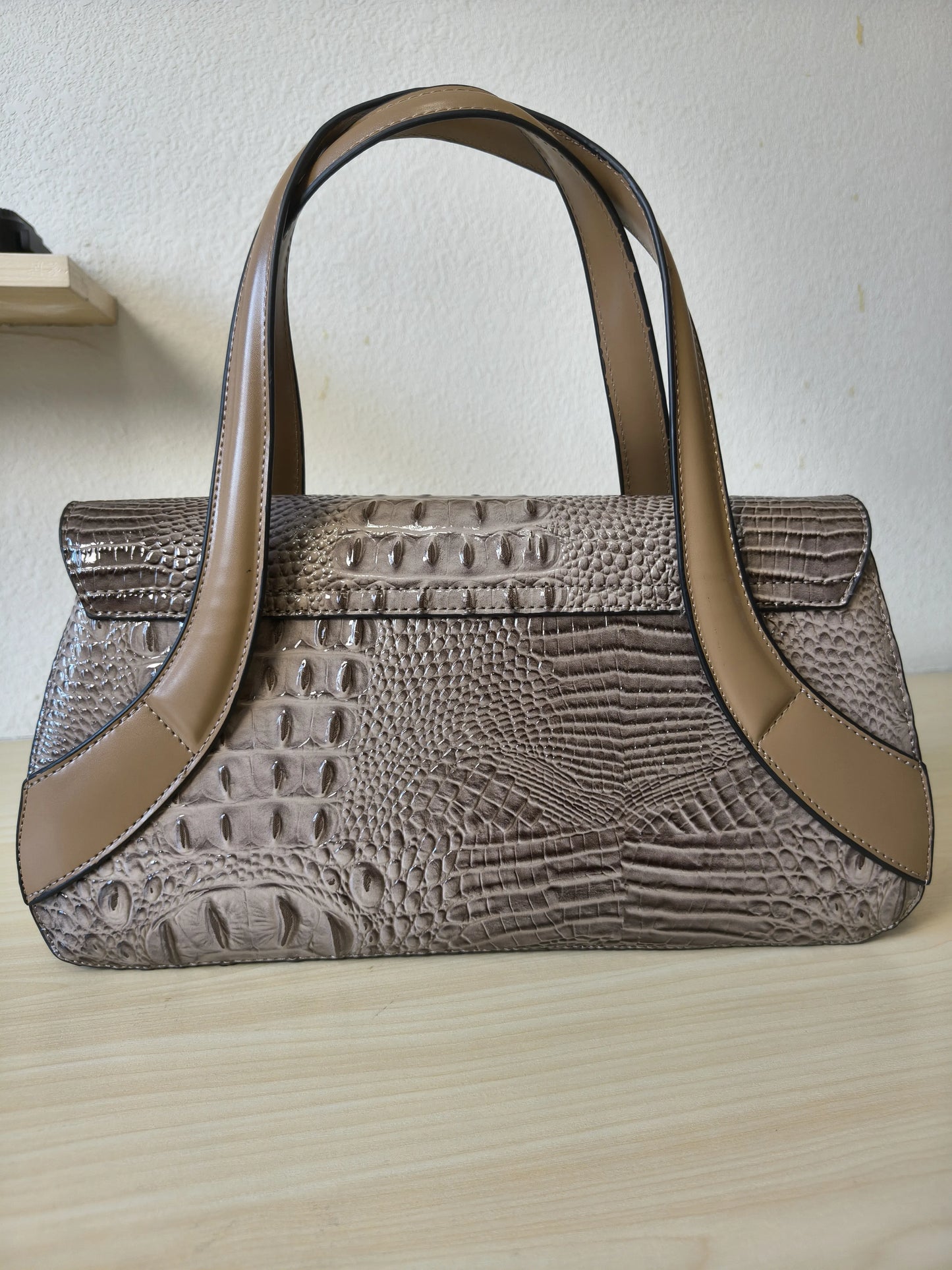 Khaki Crocodile Embossed Long Structured Bag (E102)