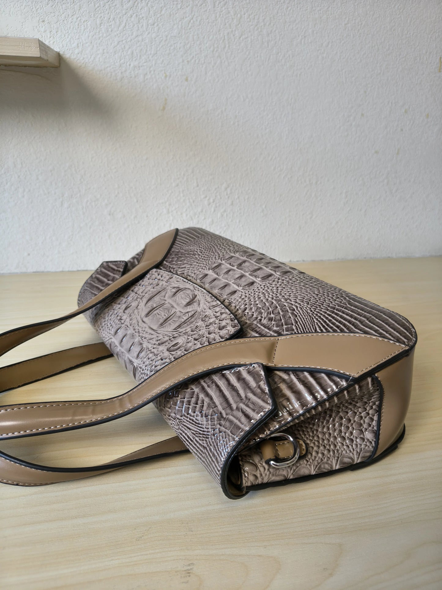Khaki Crocodile Embossed Long Structured Bag (E102)