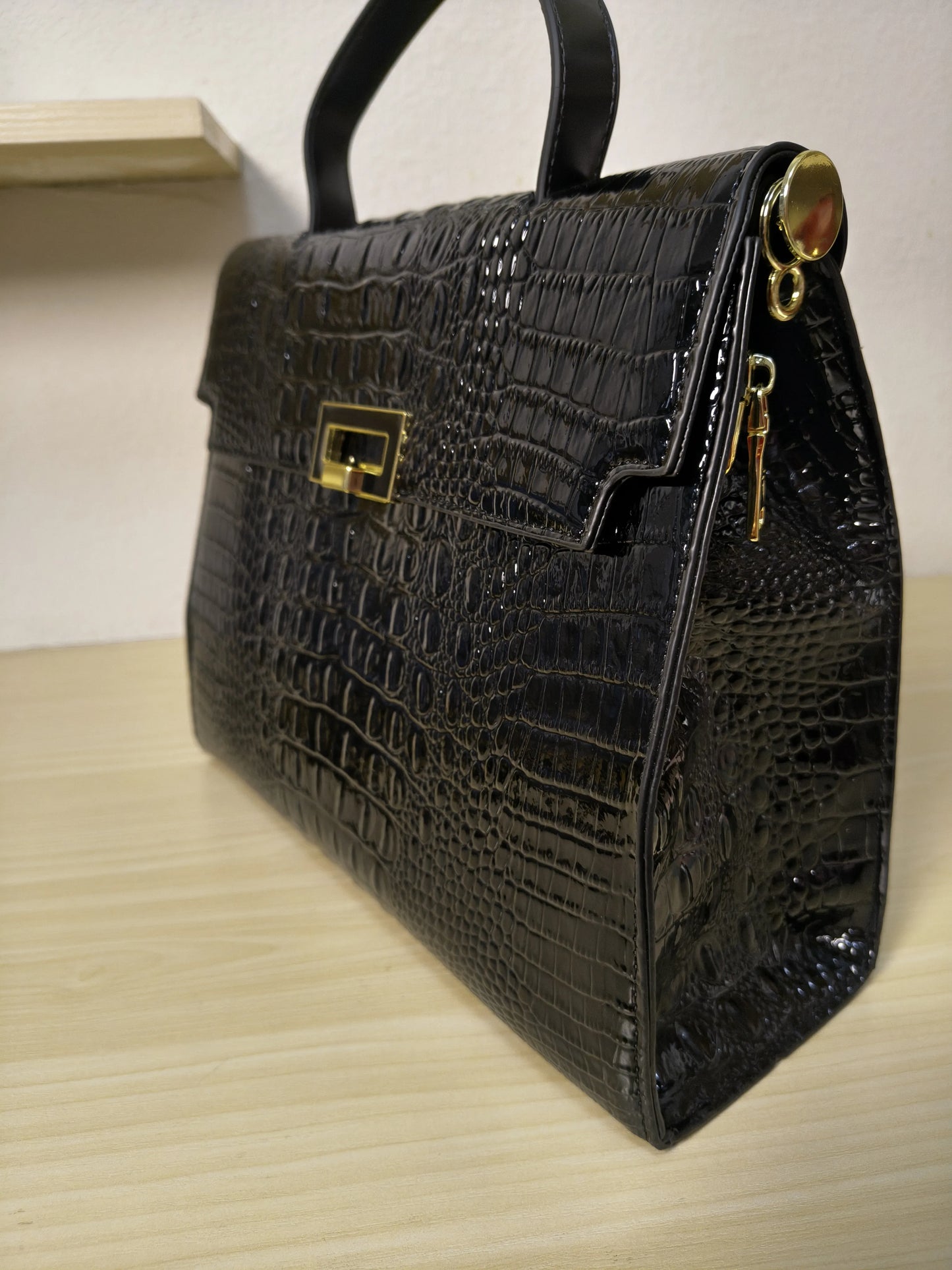 Black Crocodile Embossed Structured Bag (E105)