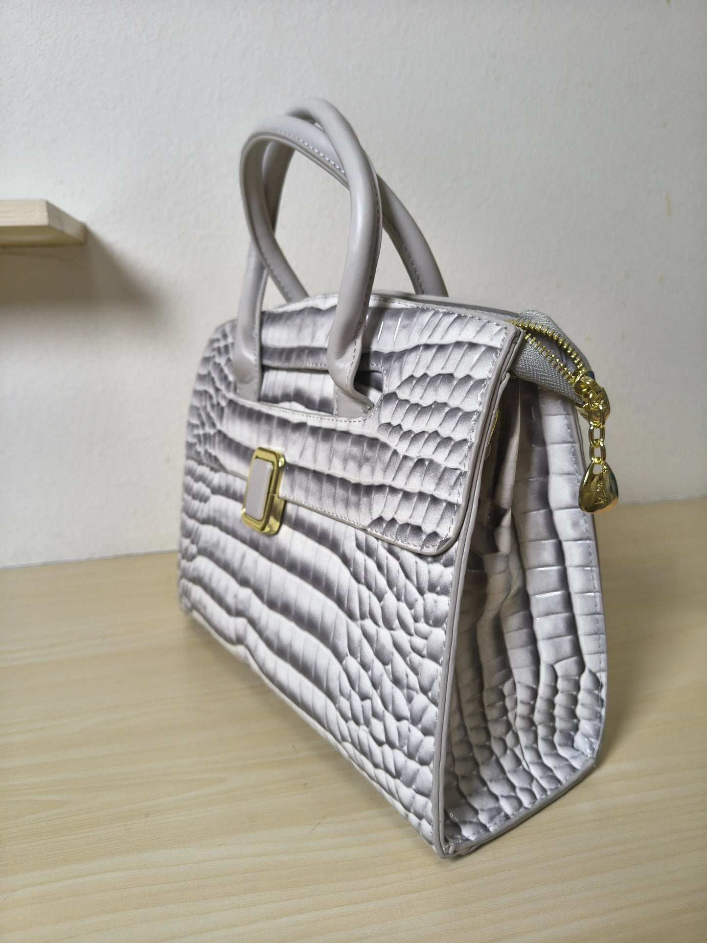 Light Grey Crocodile Embossed Structured Bag (E109)