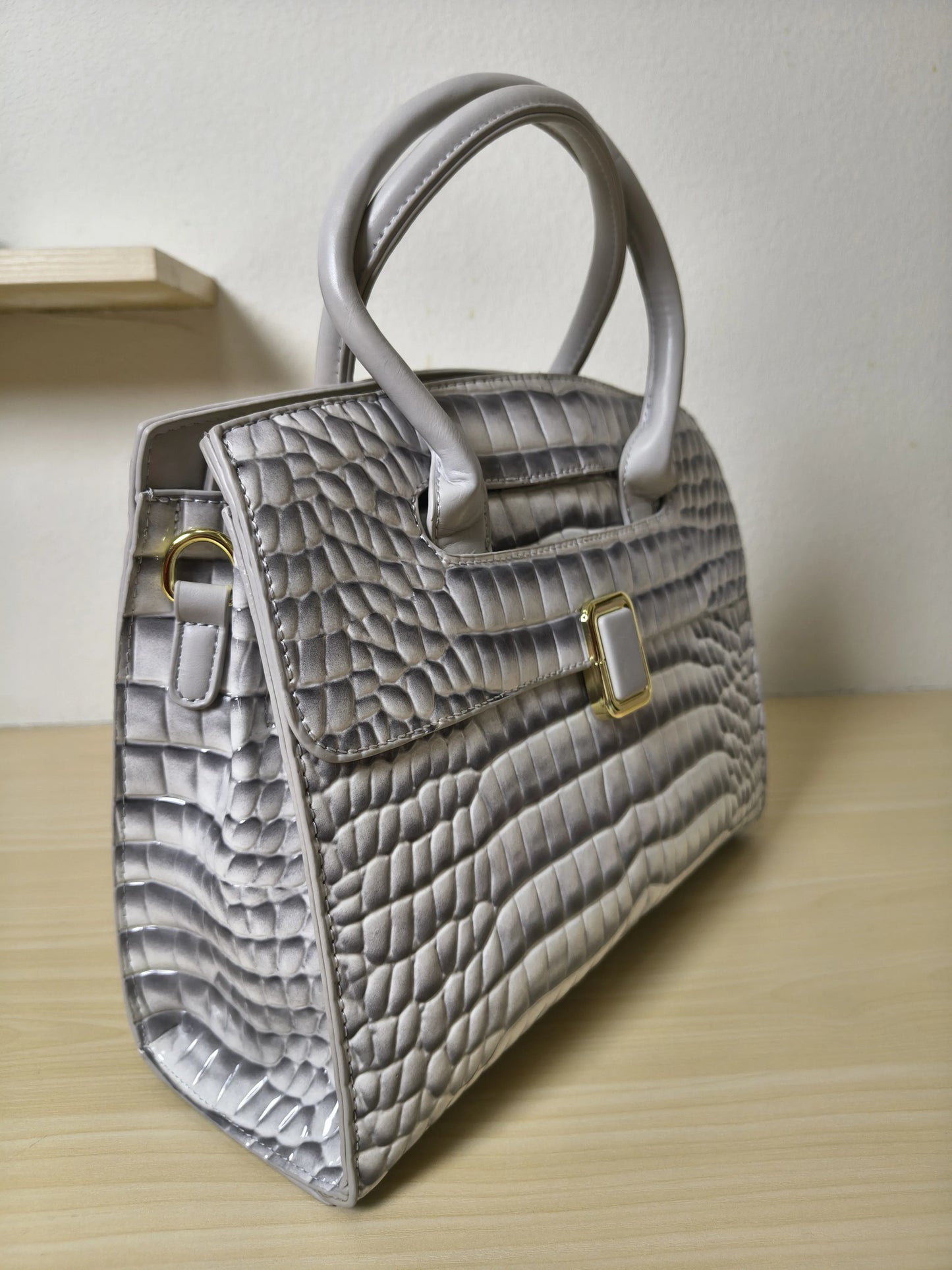 Light Grey Crocodile Embossed Structured Bag (E109)