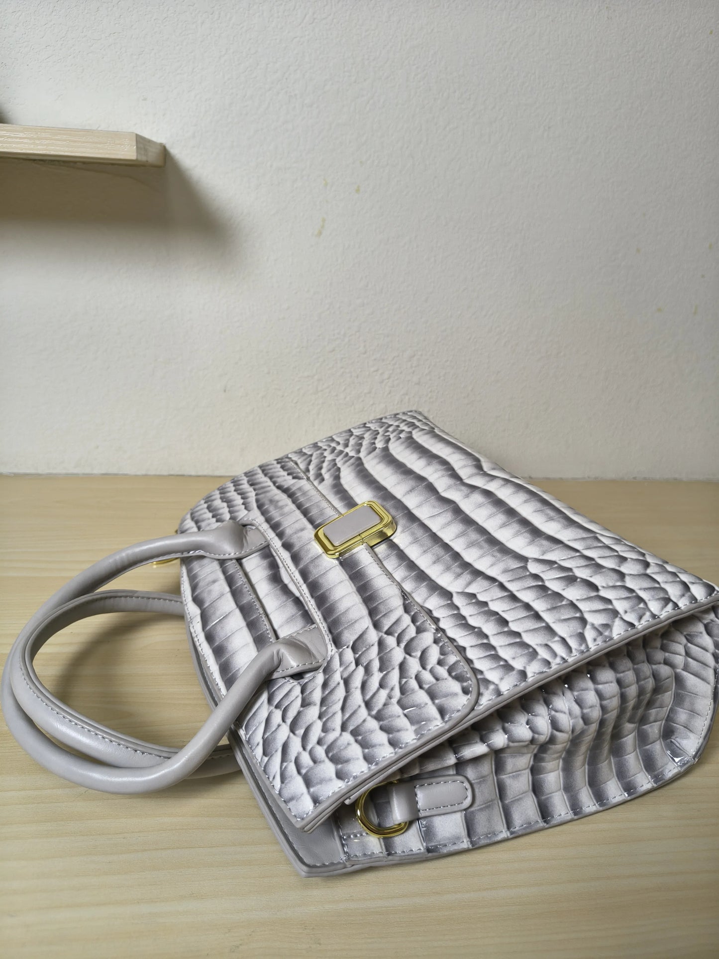 Light Grey Crocodile Embossed Structured Bag (E109)
