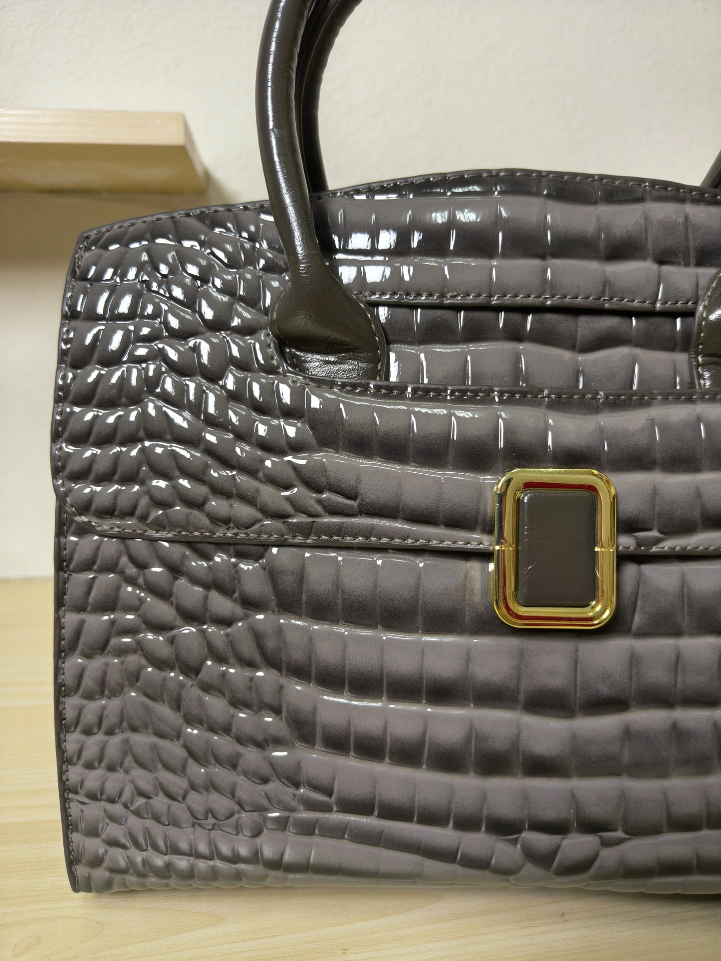 Dark Grey Crocodile Embossed Structured Bag (E110)
