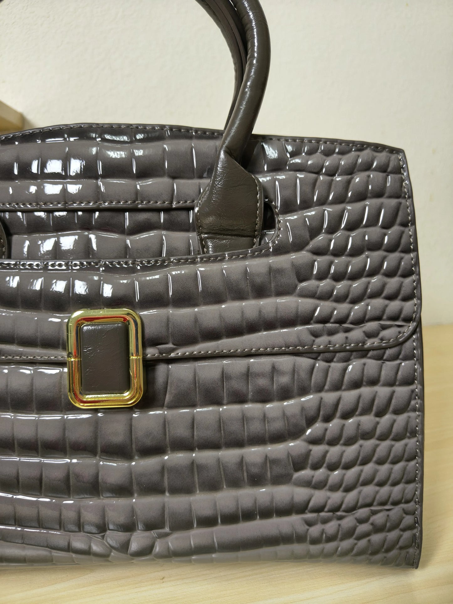 Dark Grey Crocodile Embossed Structured Bag (E110)