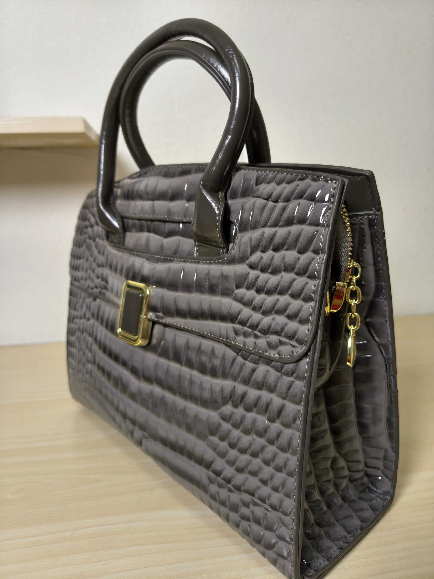 Dark Grey Crocodile Embossed Structured Bag (E110)