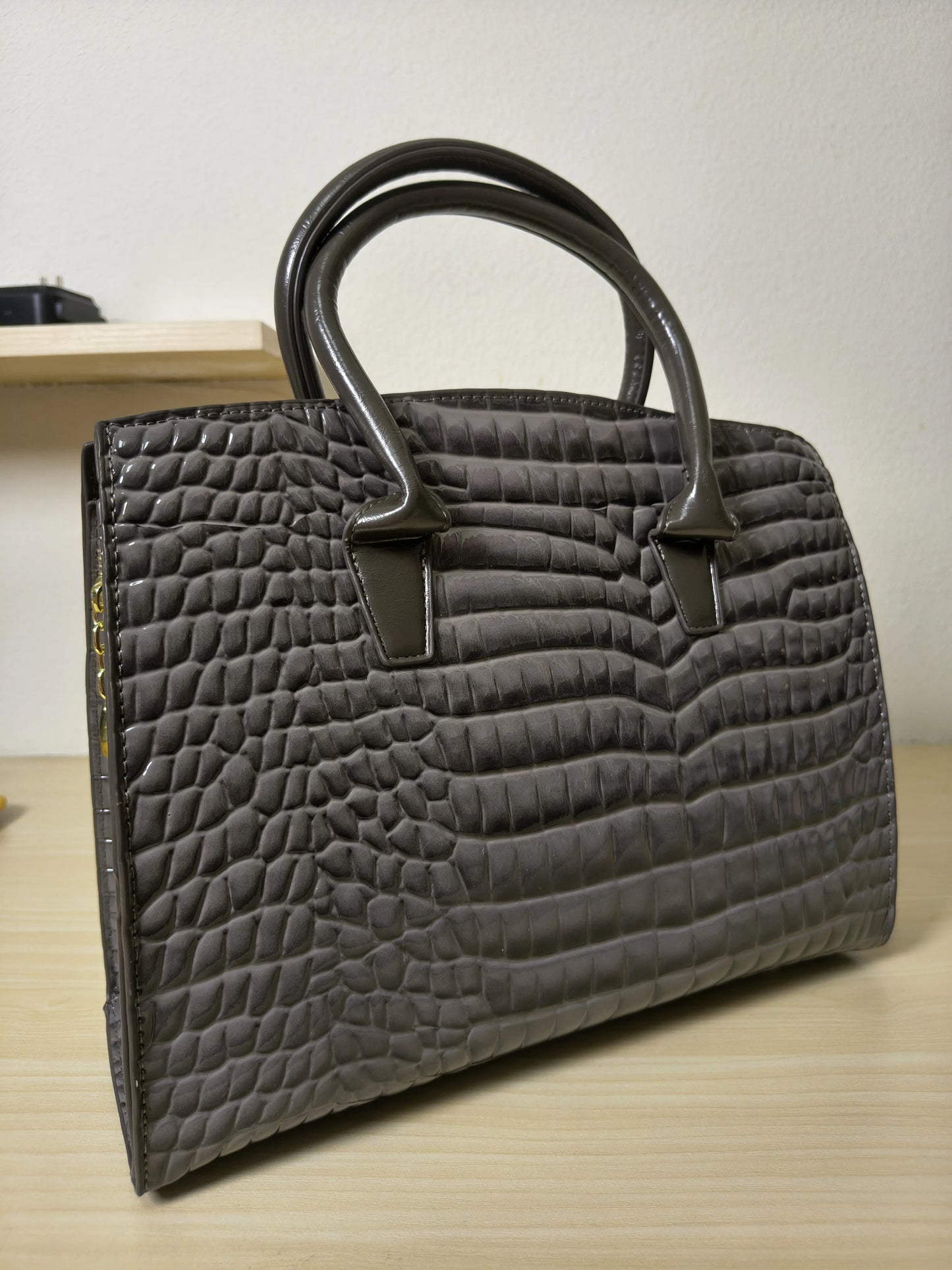 Dark Grey Crocodile Embossed Structured Bag (E110)