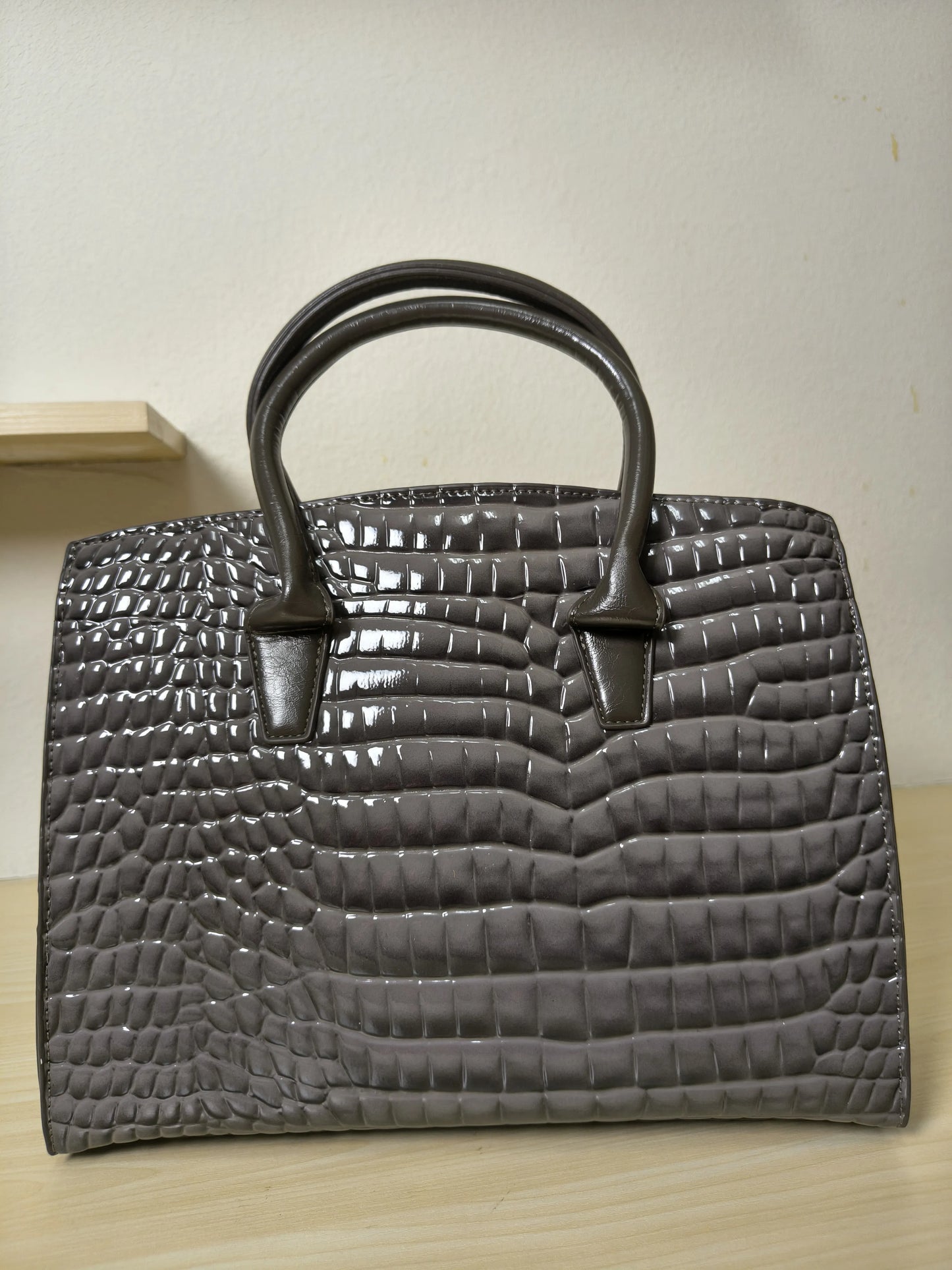 Dark Grey Crocodile Embossed Structured Bag (E110)