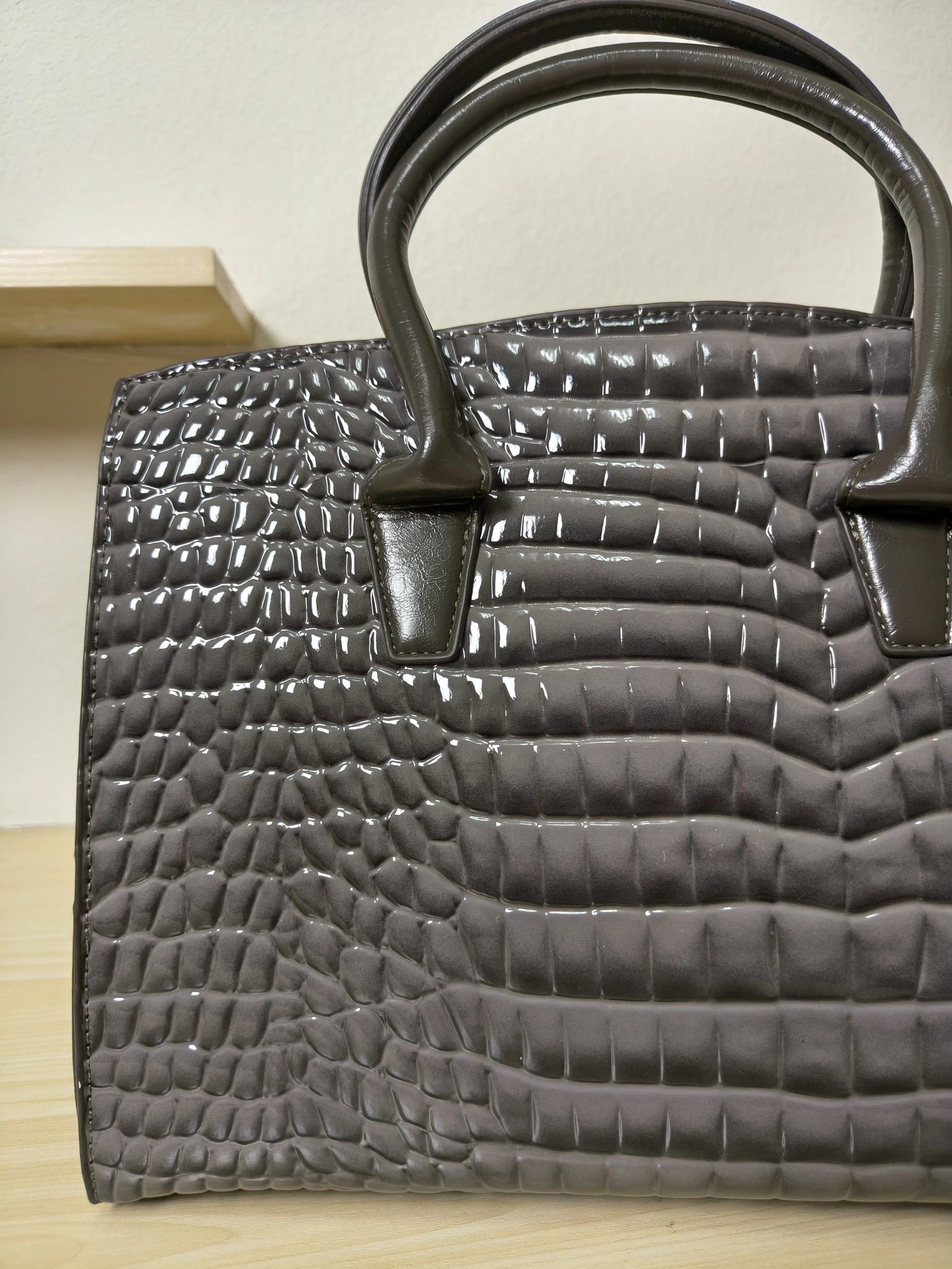 Dark Grey Crocodile Embossed Structured Bag (E110)
