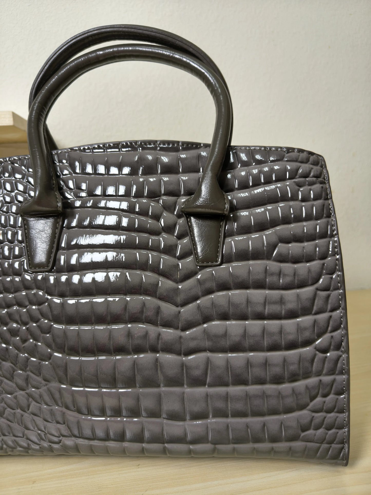 Dark Grey Crocodile Embossed Structured Bag (E110)