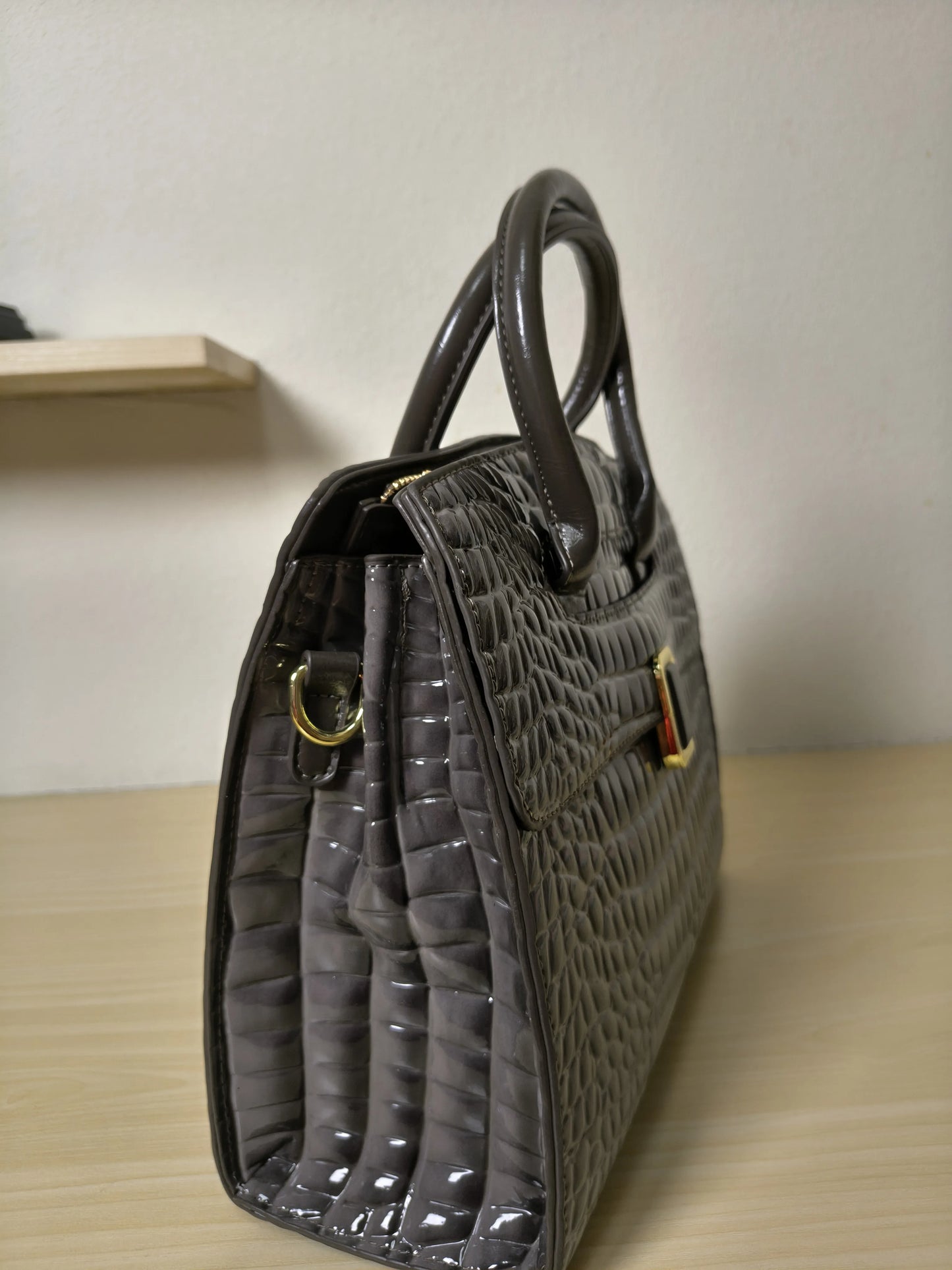 Dark Grey Crocodile Embossed Structured Bag (E110)