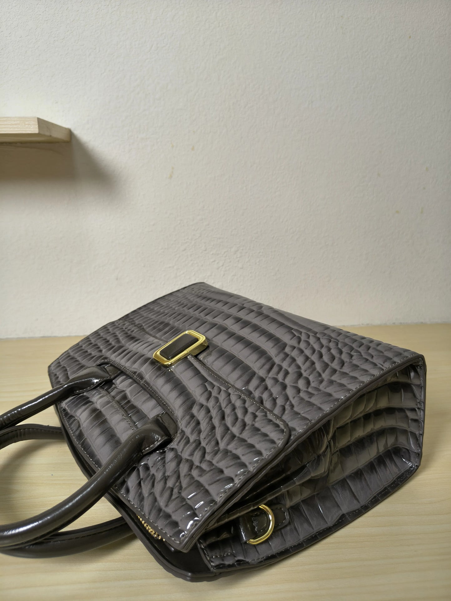 Dark Grey Crocodile Embossed Structured Bag (E110)
