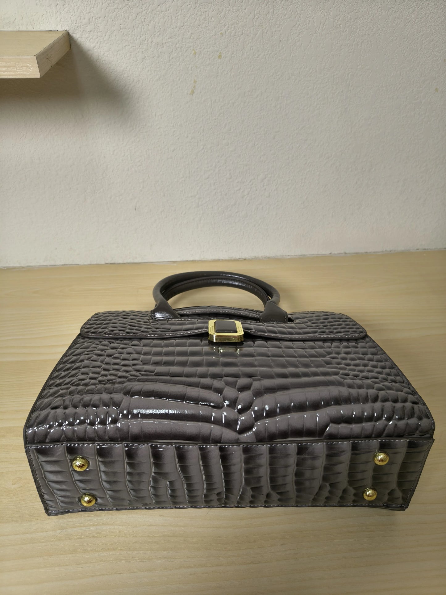 Dark Grey Crocodile Embossed Structured Bag (E110)