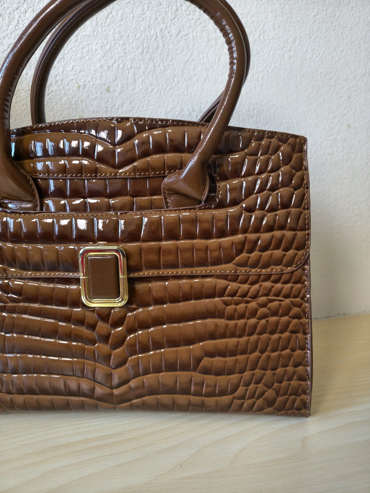 Caramel Crocodile Embossed Structured Bag (E111)