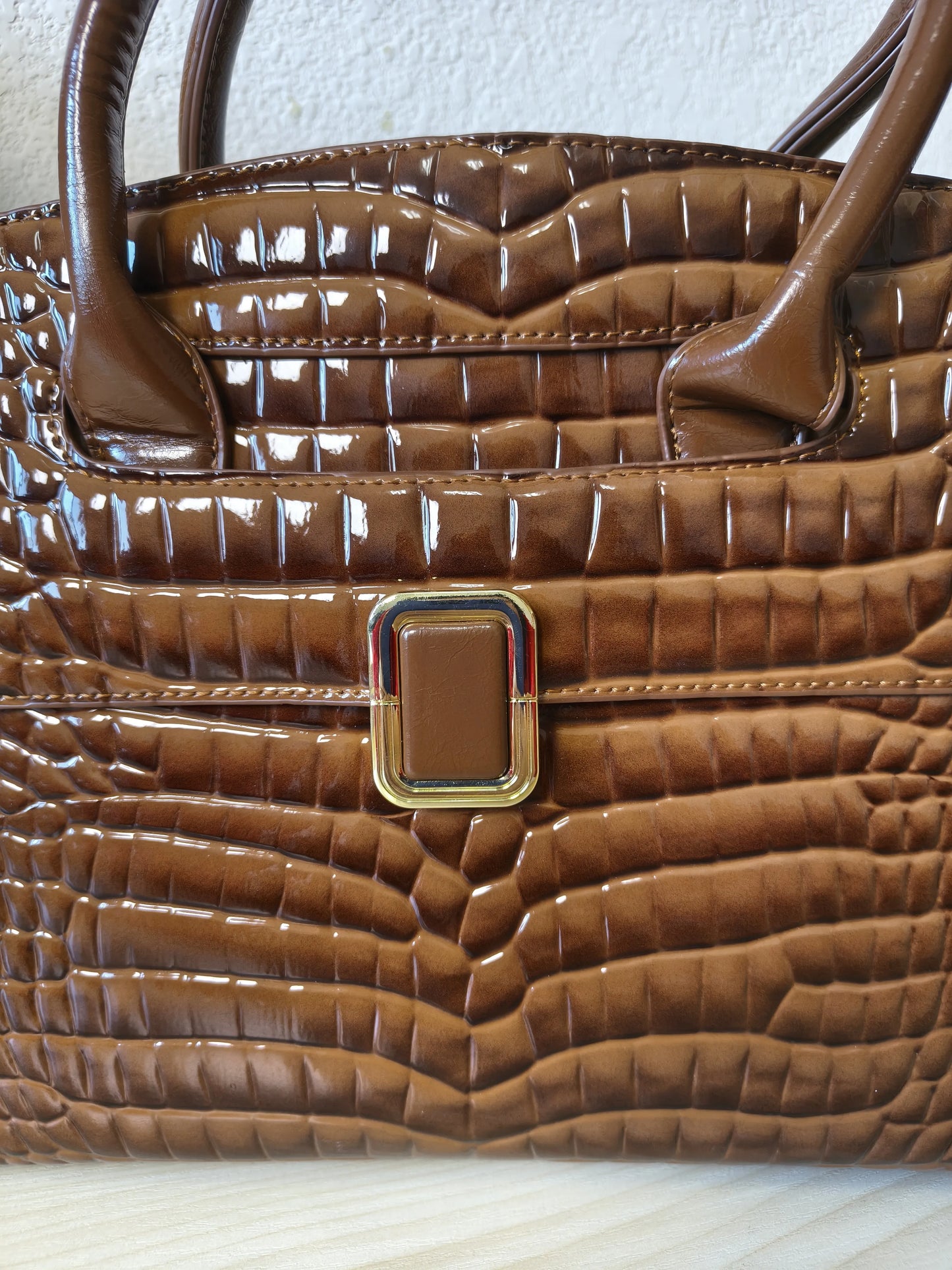 Caramel Crocodile Embossed Structured Bag (E111)