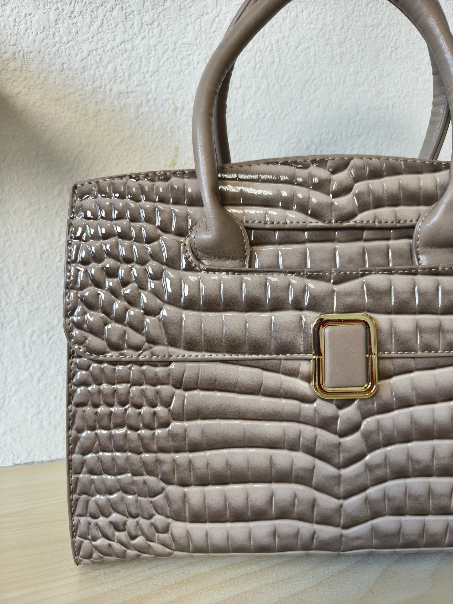 Khaki Crocodile Embossed Structured Bag (E112)